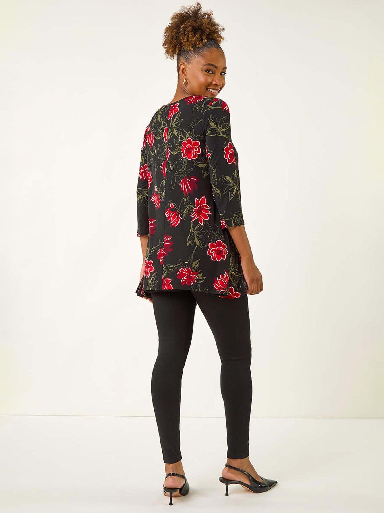 Image 2 of 5 of Roman Floral Puff Print Tunic Top - Red