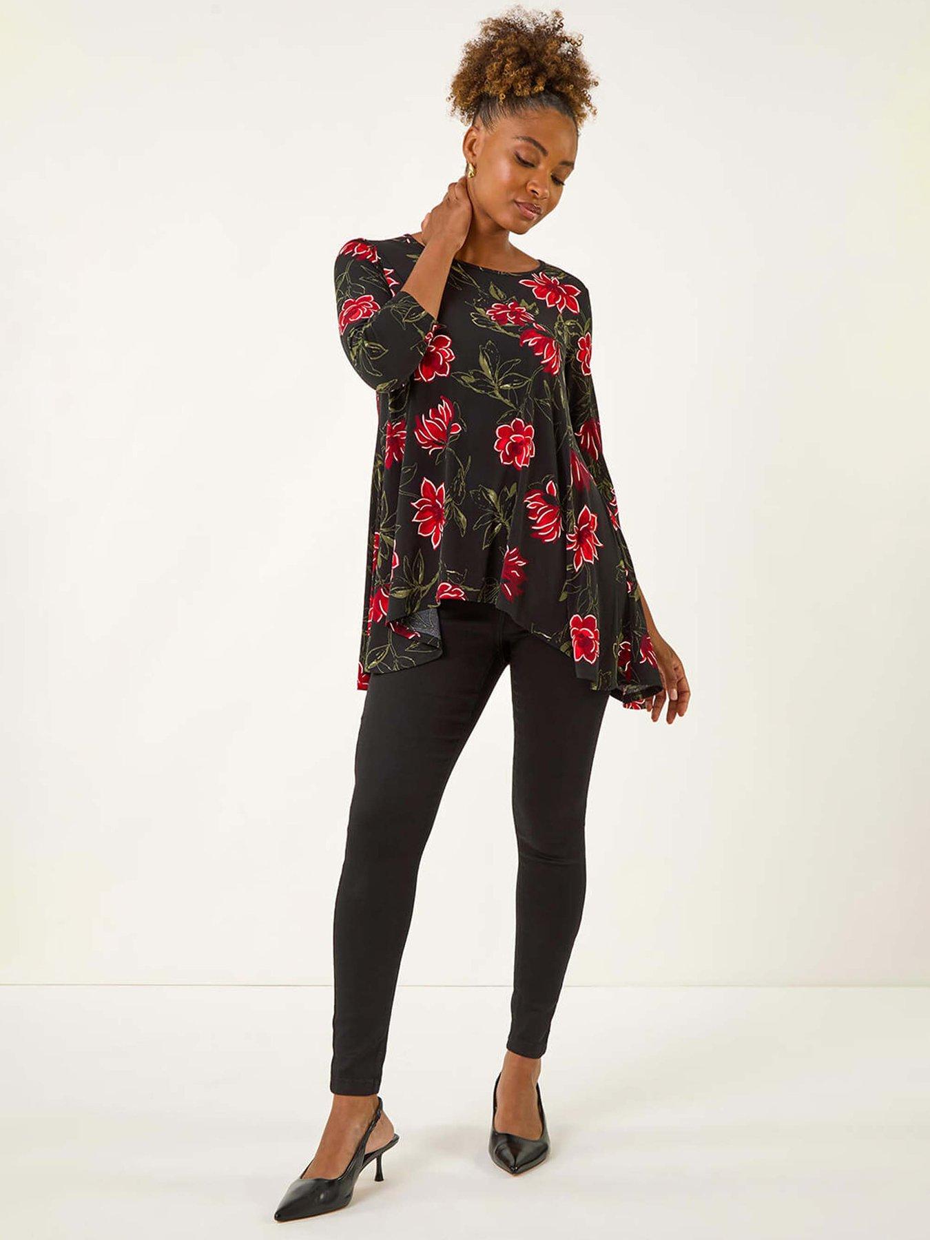Image 3 of 5 of Roman Floral Puff Print Tunic Top - Red