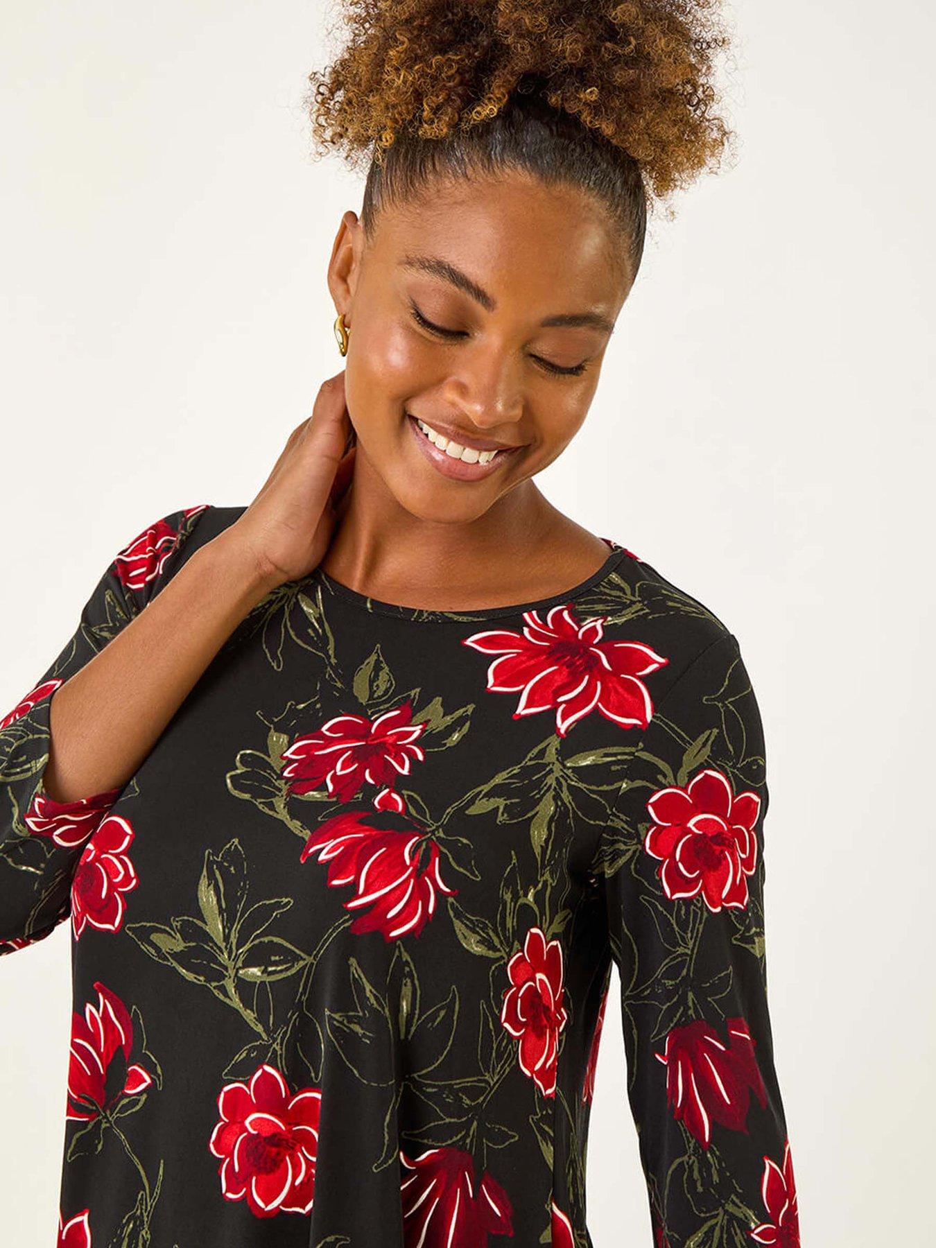Image 4 of 5 of Roman Floral Puff Print Tunic Top - Red