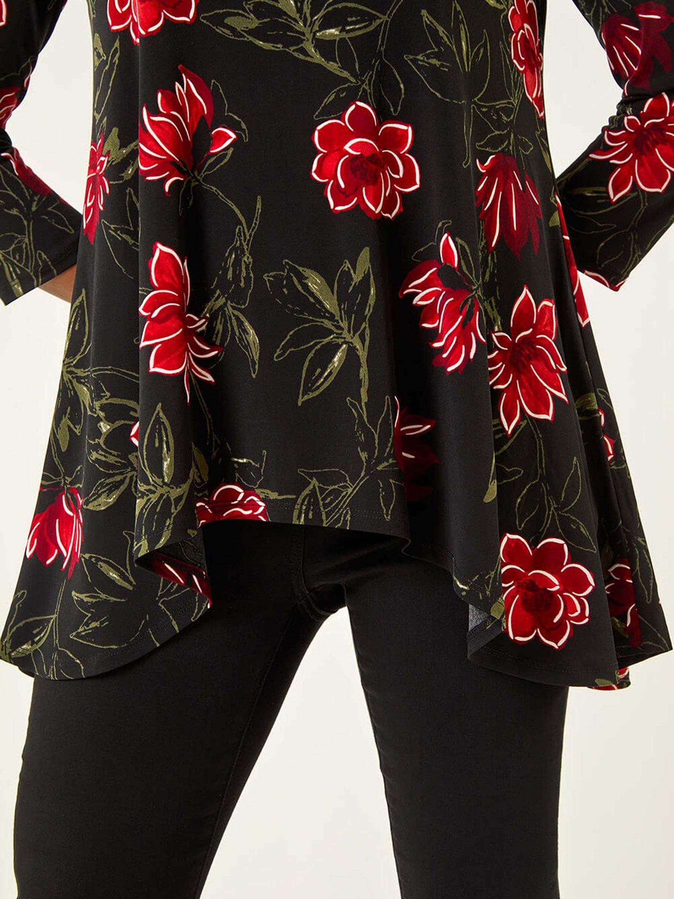 Image 5 of 5 of Roman Floral Puff Print Tunic Top - Red