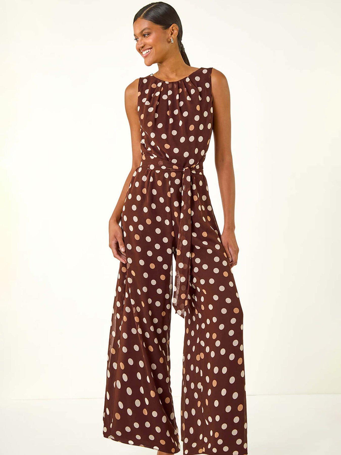 Image 1 of 5 of Roman Spot Print Chiffon Belted Jumpsuit - Brown