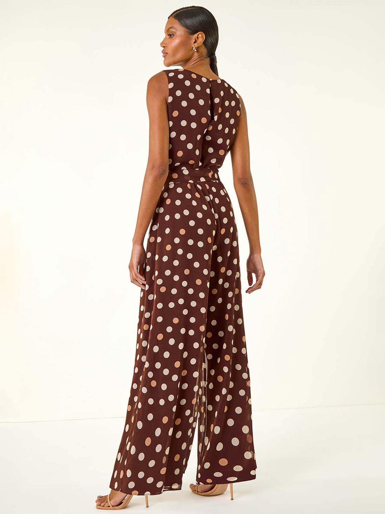 Image 2 of 5 of Roman Spot Print Chiffon Belted Jumpsuit - Brown