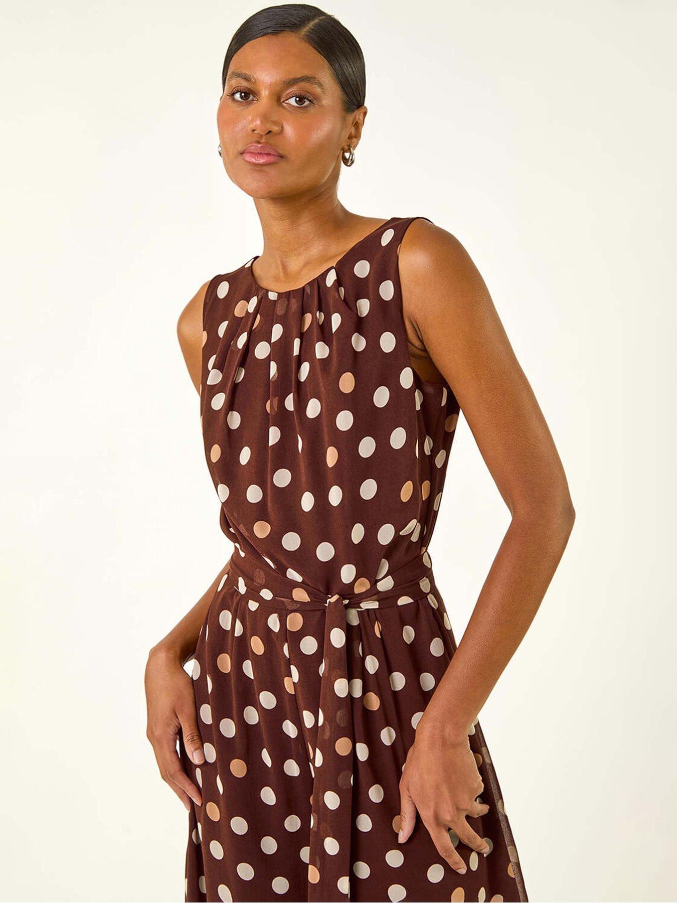 Image 4 of 5 of Roman Spot Print Chiffon Belted Jumpsuit - Brown