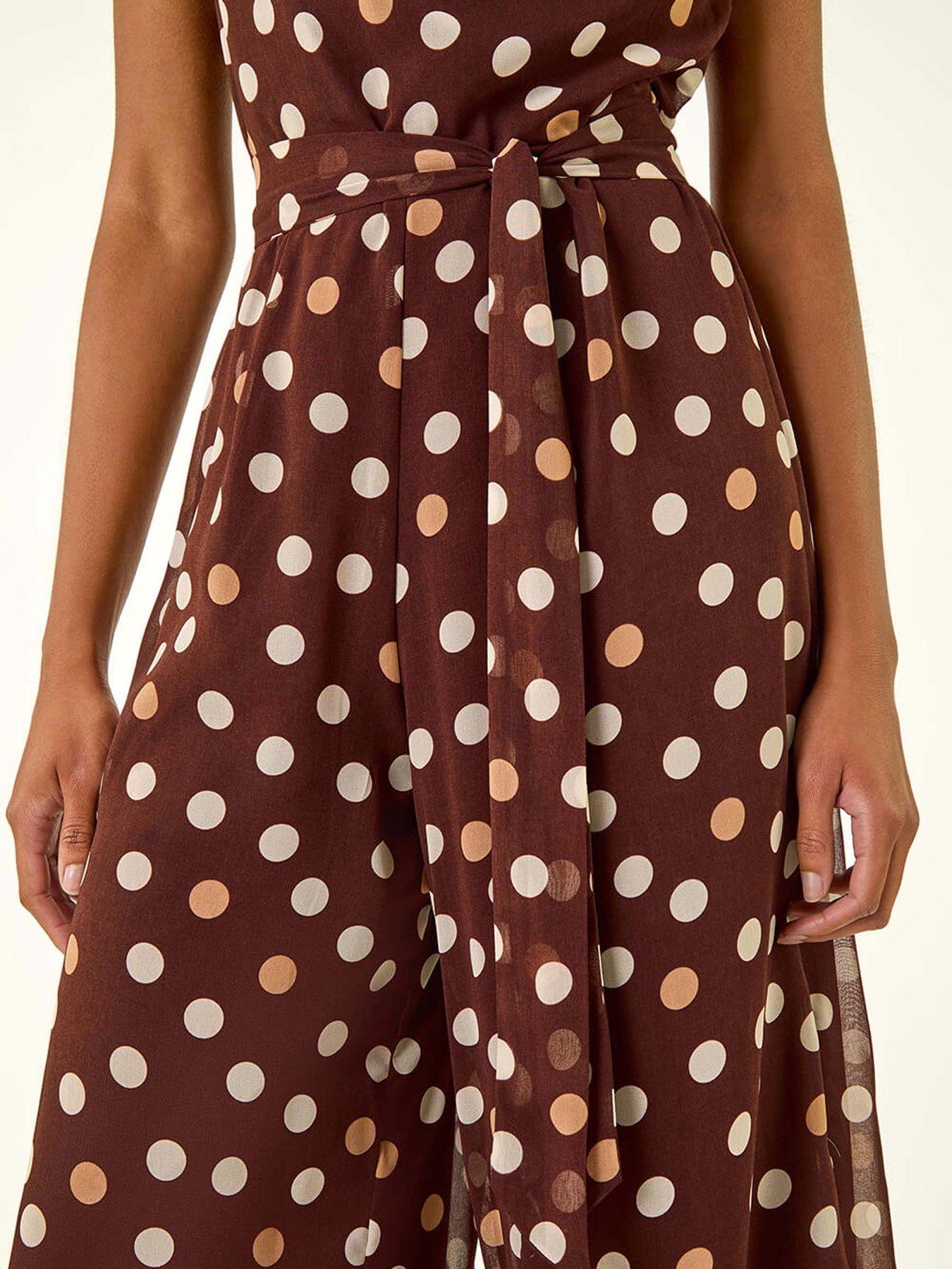 Image 5 of 5 of Roman Spot Print Chiffon Belted Jumpsuit - Brown