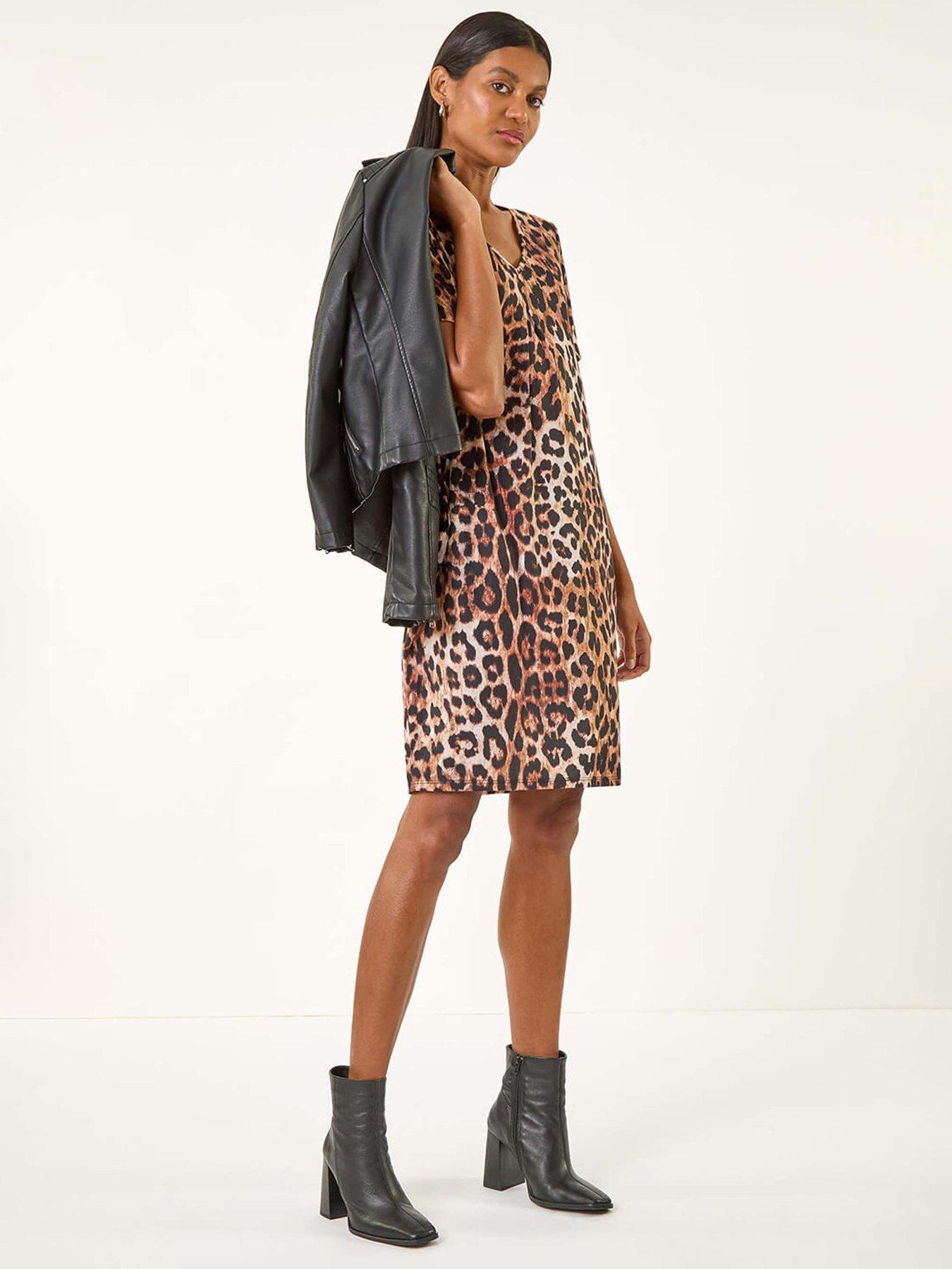  image of roman-animal-leopard-print-stretch-shift-dress-brown