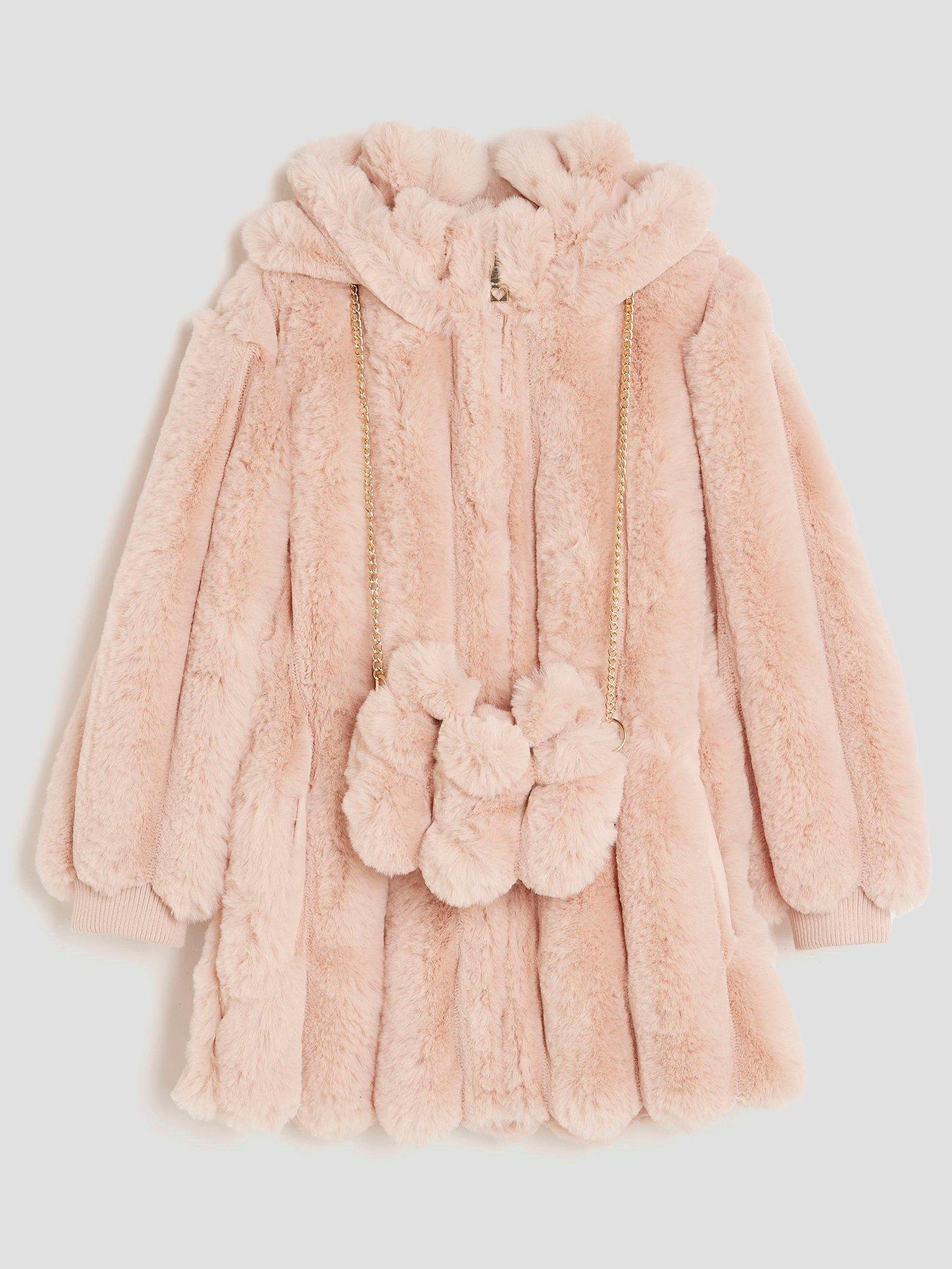 River Island Older Girls Faux Fur Coat With Bag - Light Pink