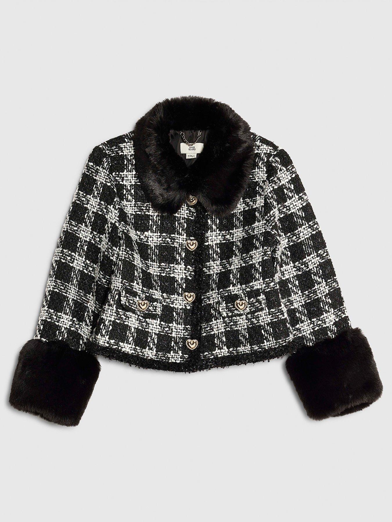 front image of river-island-older-girls-check-boucle-jacket-black
