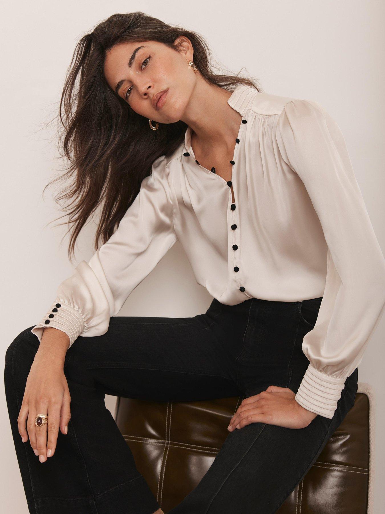 Image 1 of 6 of Mint Velvet Contrast Satin Blouse - Cream