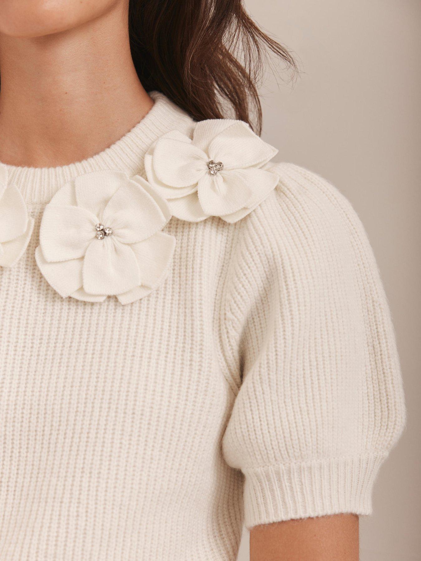 Image 4 of 6 of Mint Velvet Cream Flower Knit Tee - White
