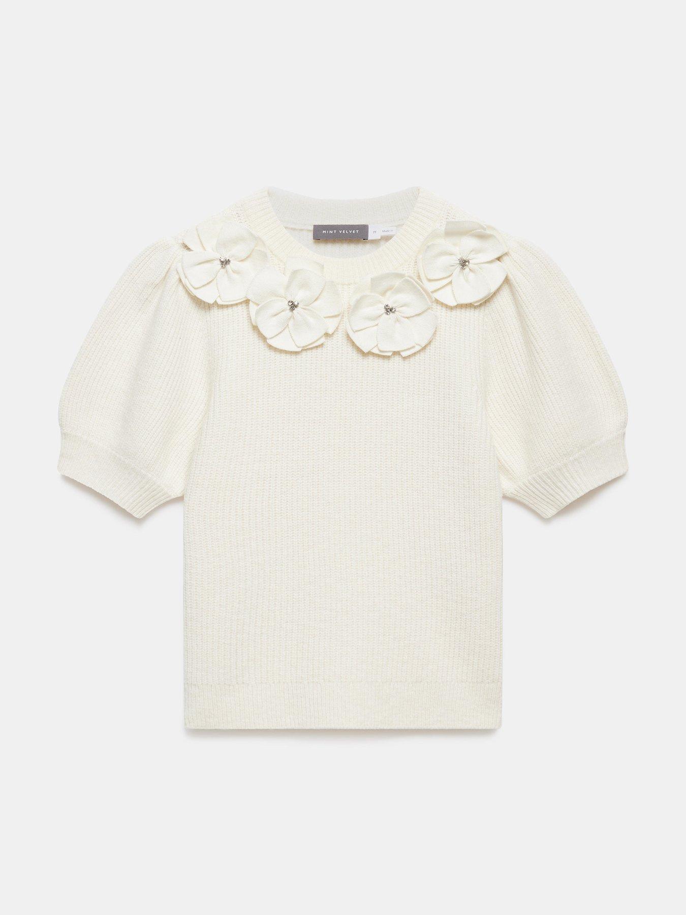 Image 5 of 6 of Mint Velvet Cream Flower Knit Tee - White