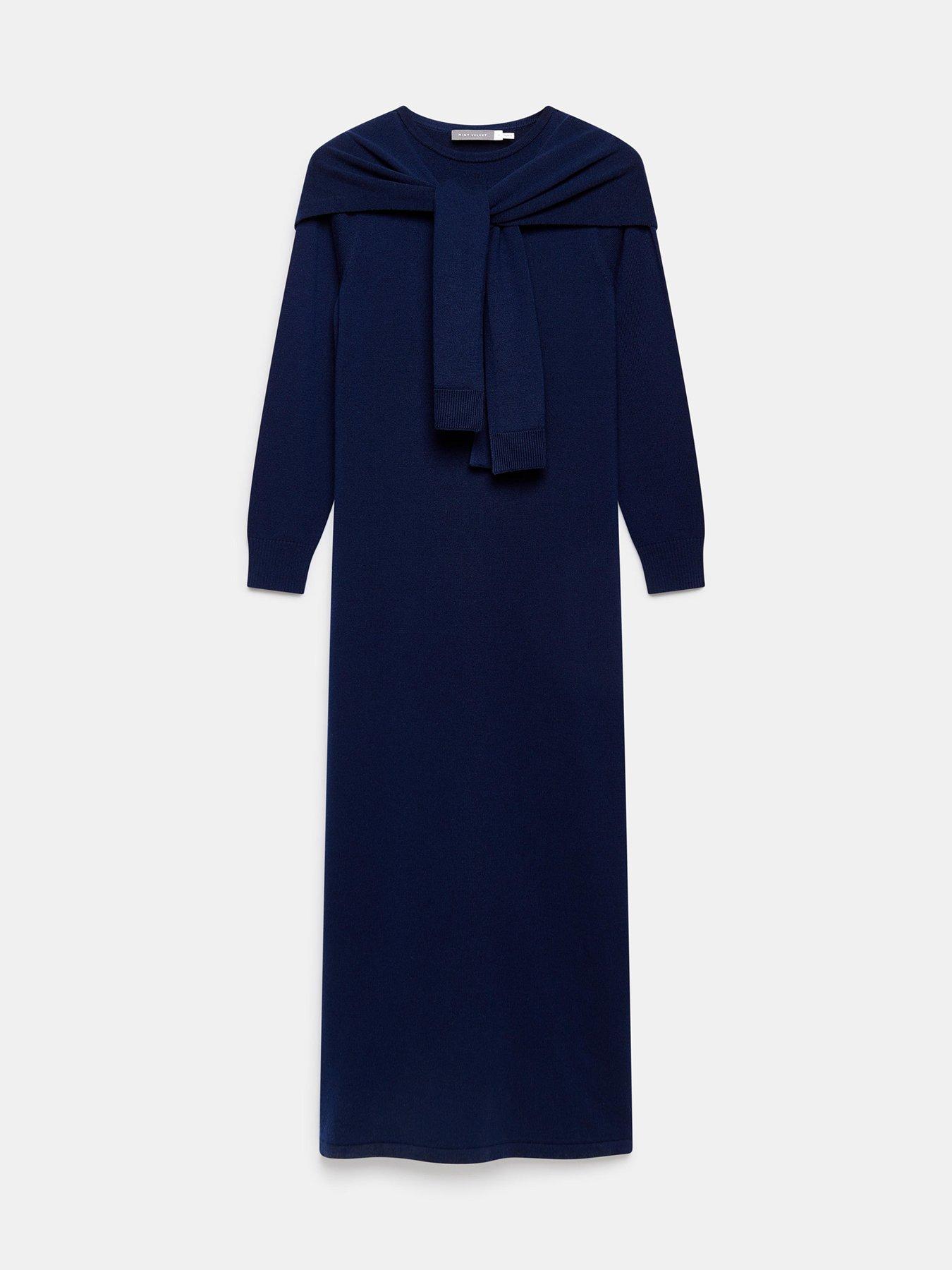  image of mint-velvet-navy-knit-scarf-midi-dress-blue
