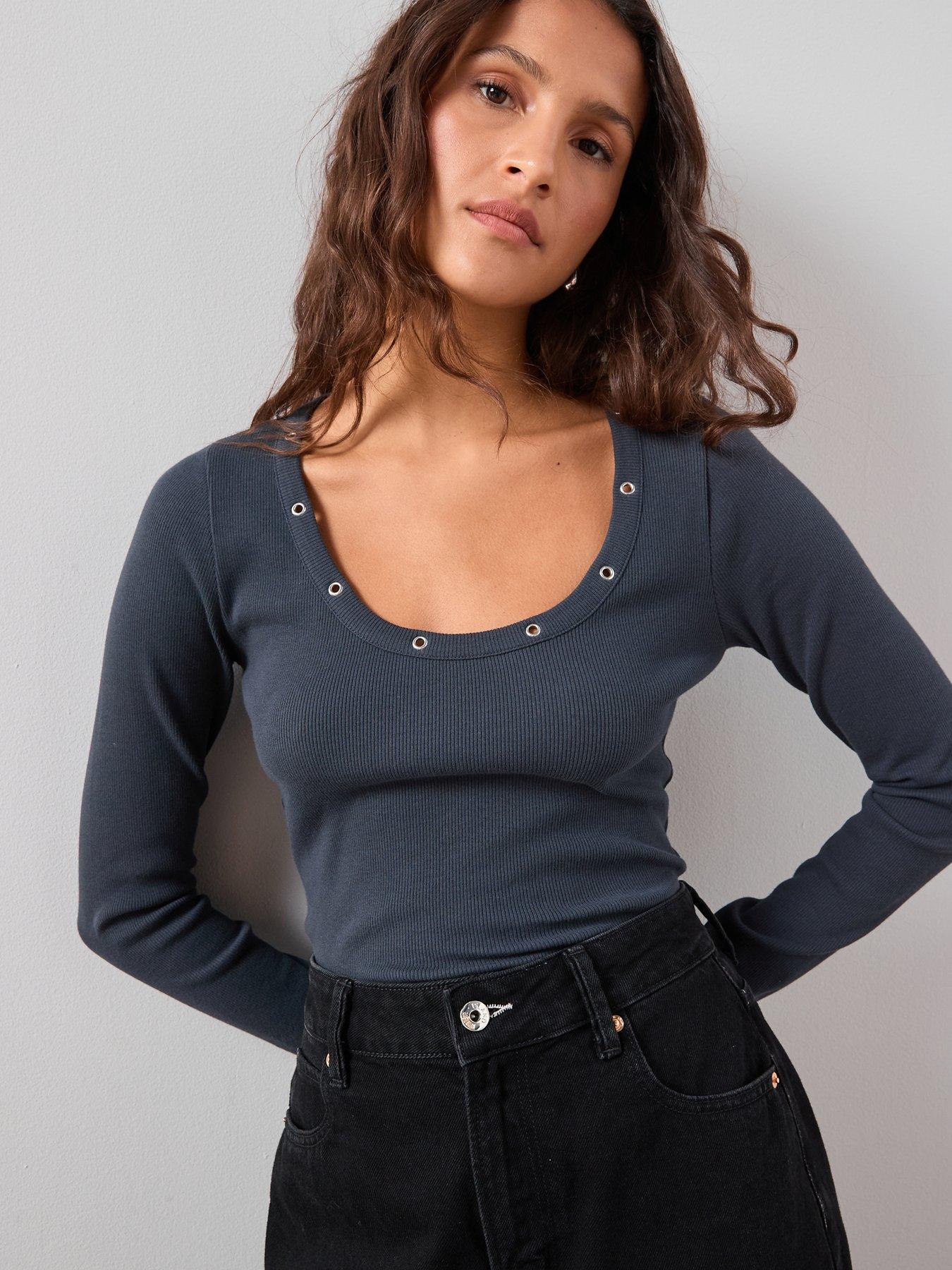  image of the-very-collection-eyelet-detail-rib-long-sleeve-top-grey