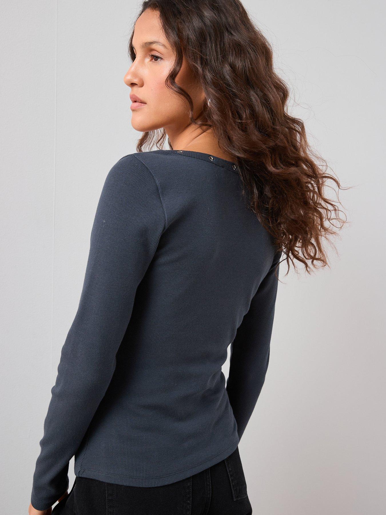 stillFront image of the-very-collection-eyelet-detail-rib-long-sleeve-top-grey