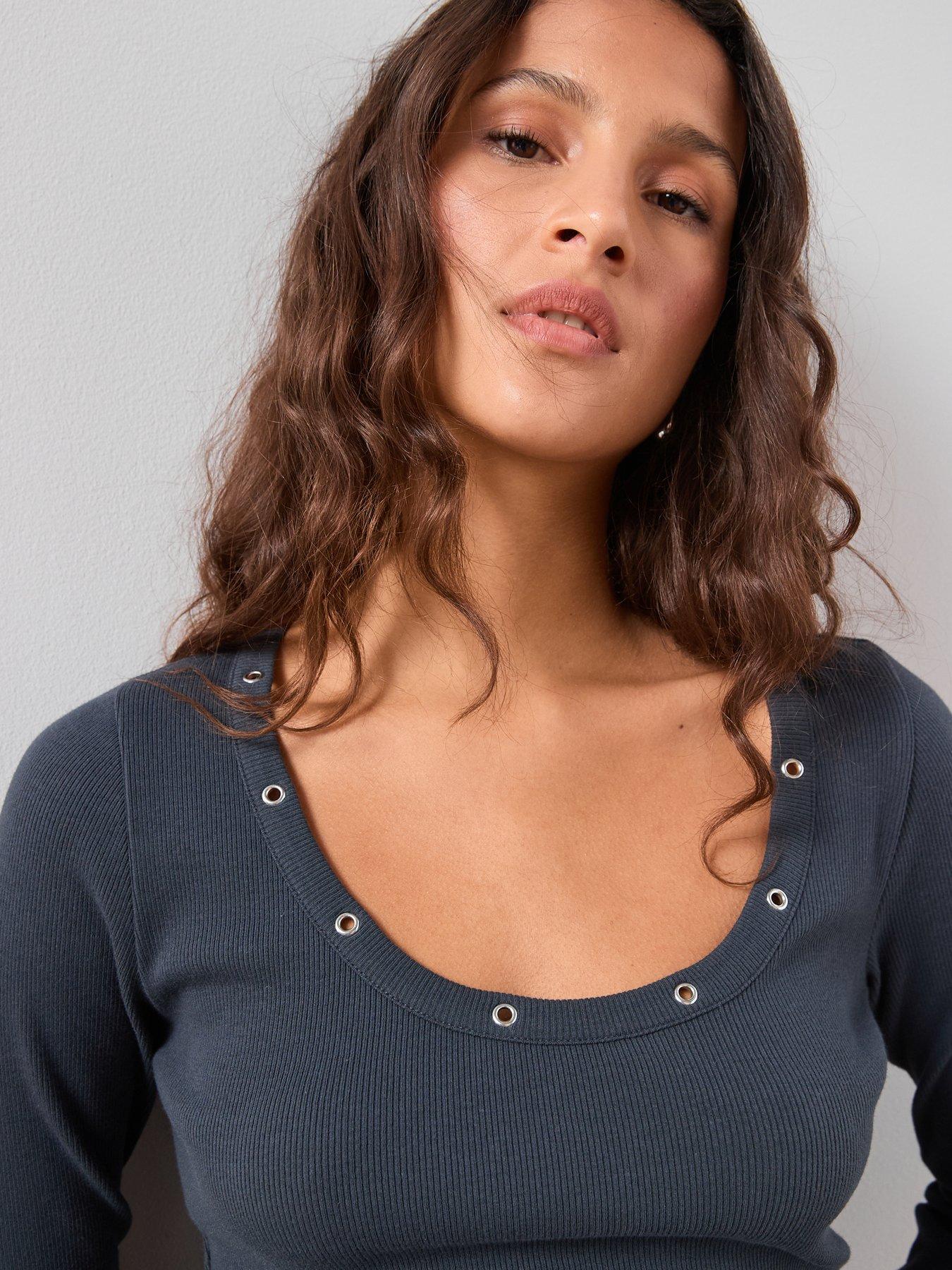  image of the-very-collection-eyelet-detail-rib-long-sleeve-top-grey