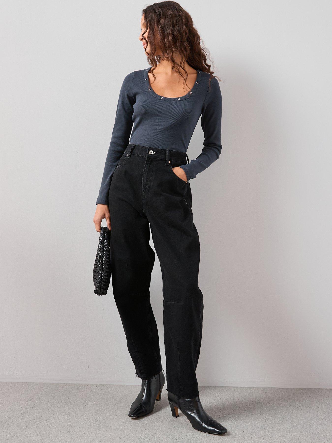  image of the-very-collection-eyelet-detail-rib-long-sleeve-top-grey