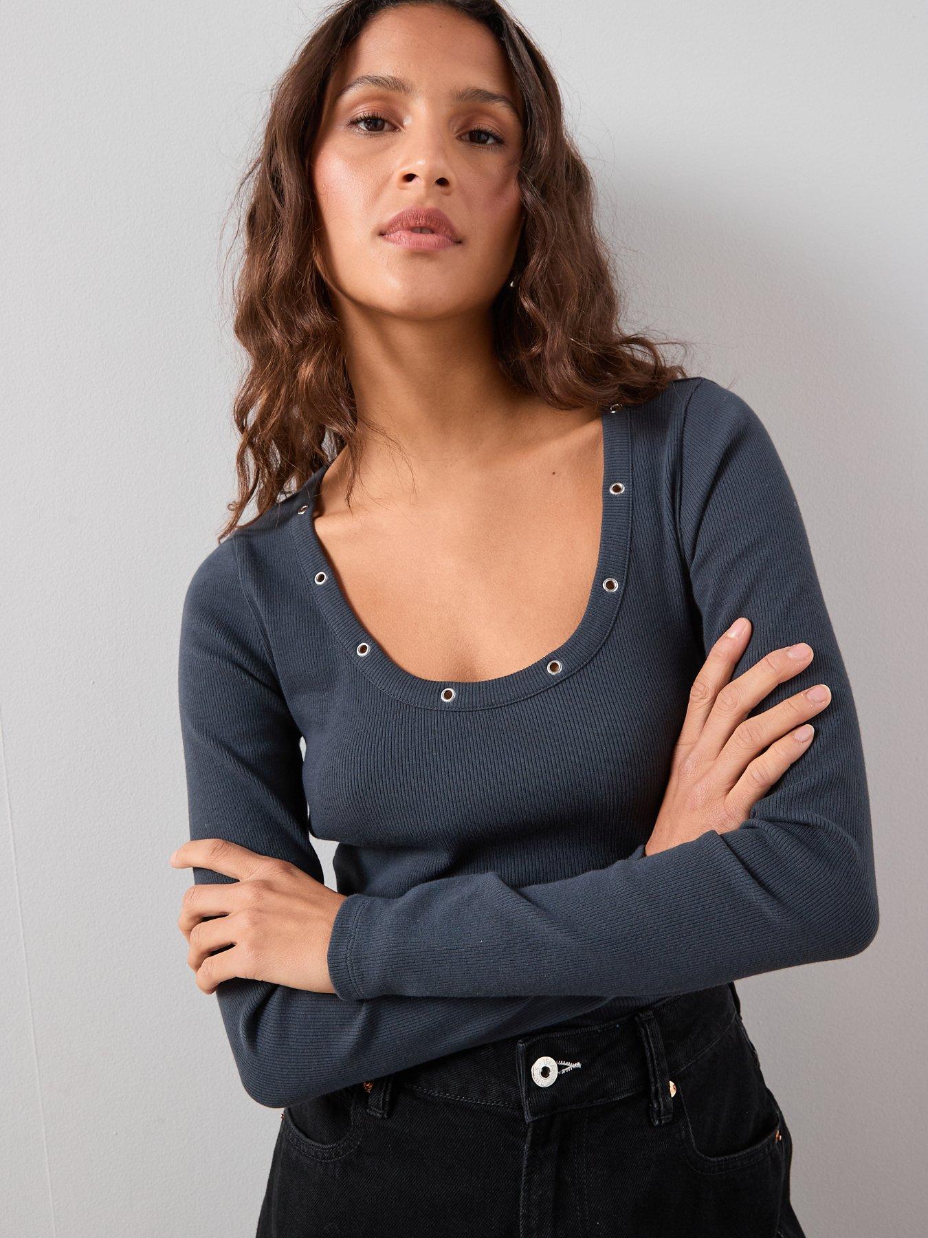  image of the-very-collection-eyelet-detail-rib-long-sleeve-top-grey