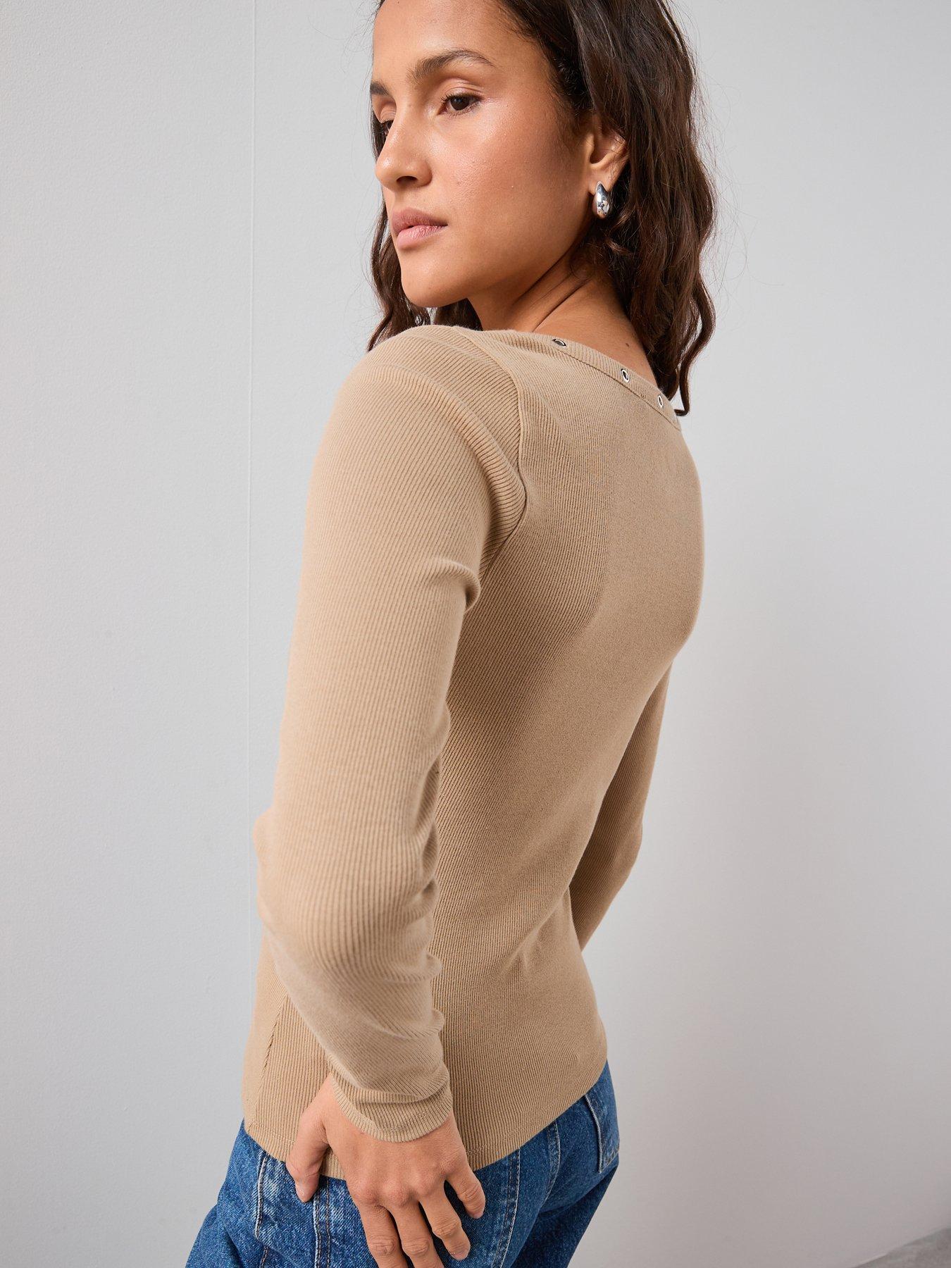  image of the-very-collection-eyelet-detail-rib-long-sleeve-top-taupe