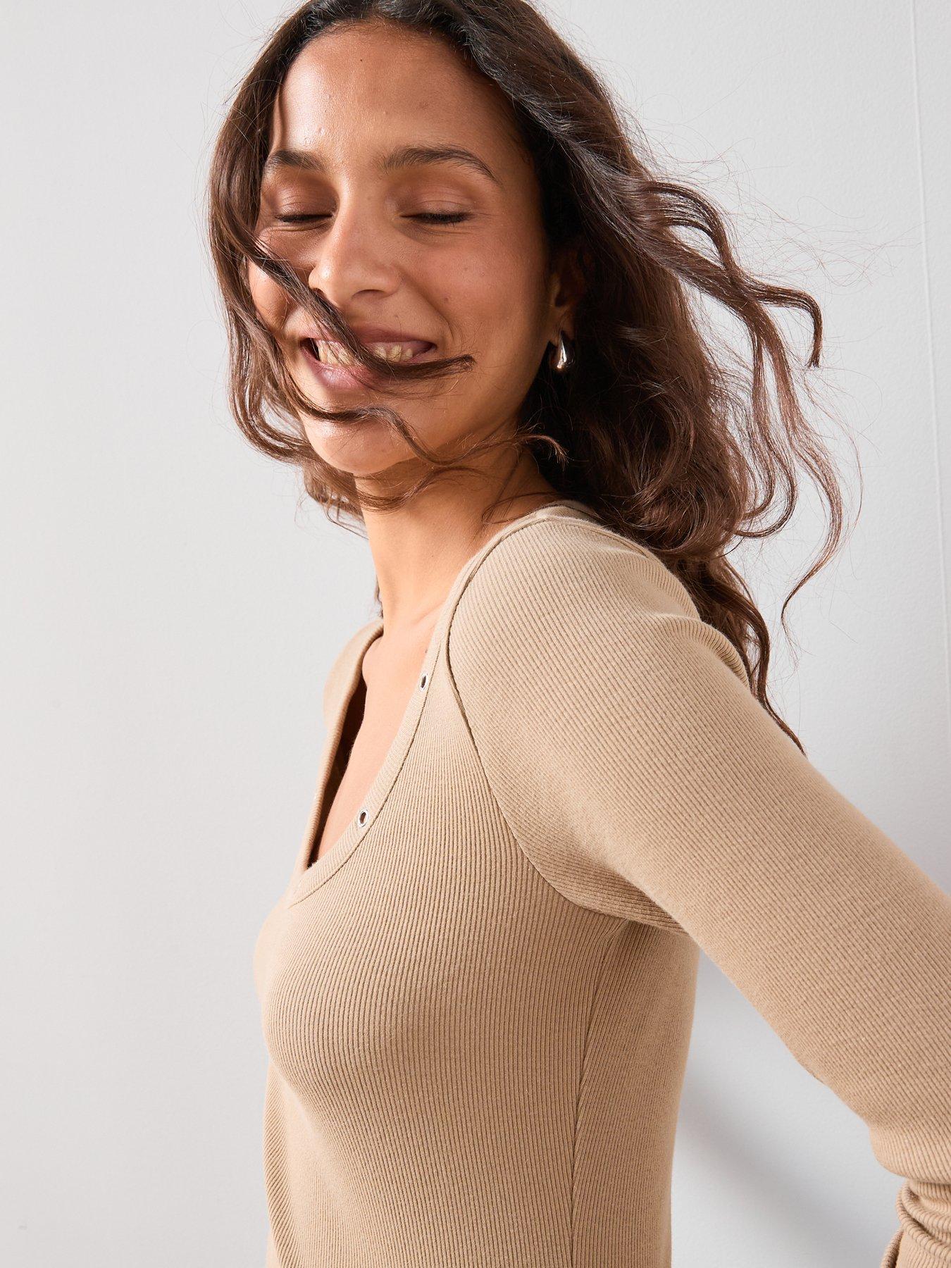  image of the-very-collection-eyelet-detail-rib-long-sleeve-top-taupe