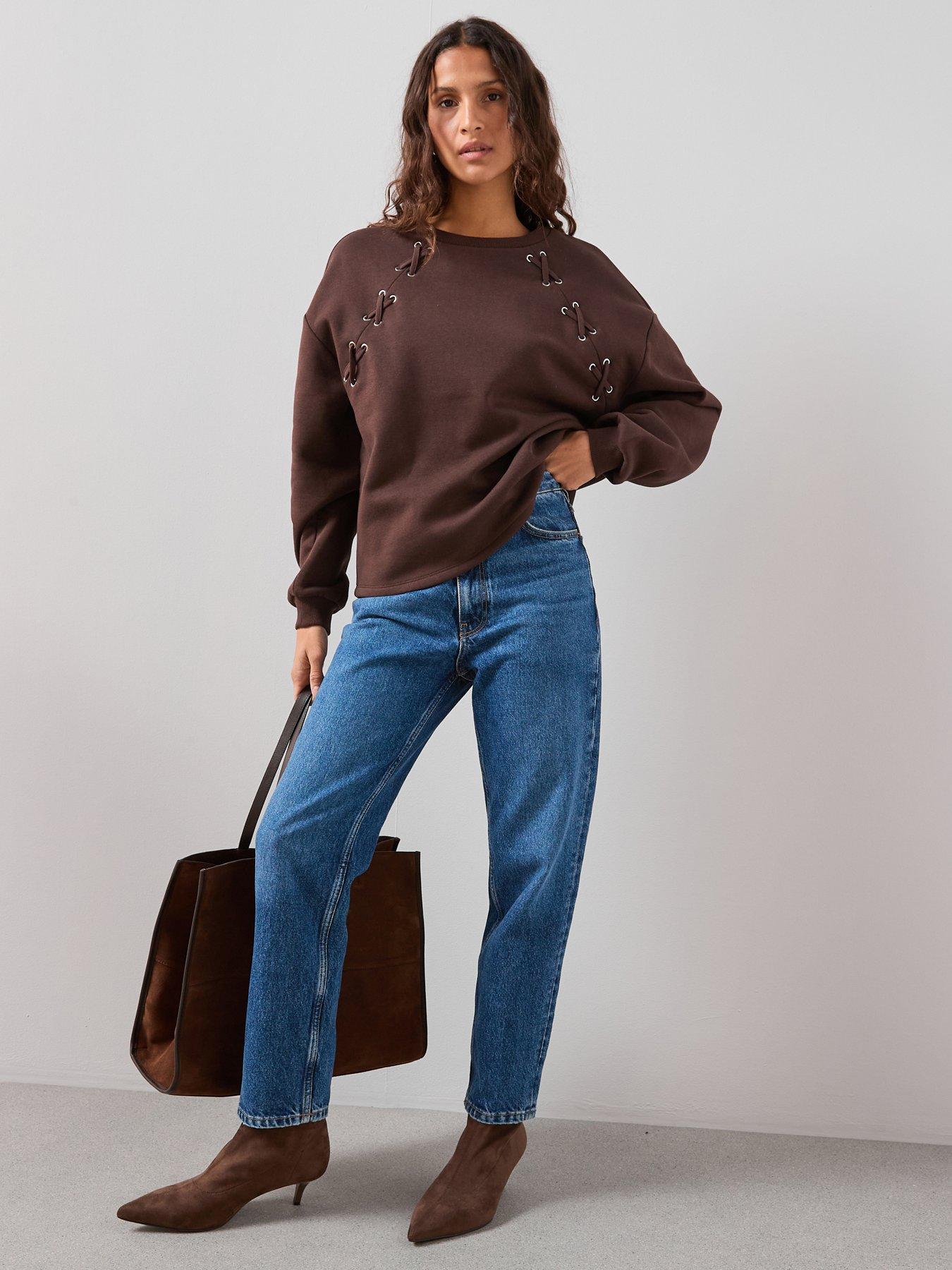 The Very Collection Eyelet Detail Lace Up Sleeve Sweatshirt - Brown