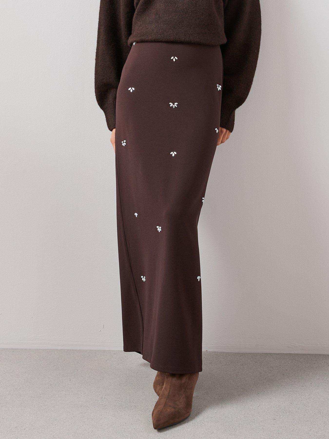 stillFront image of the-very-collection-embellished-maxi-skirt-co-ord-brown