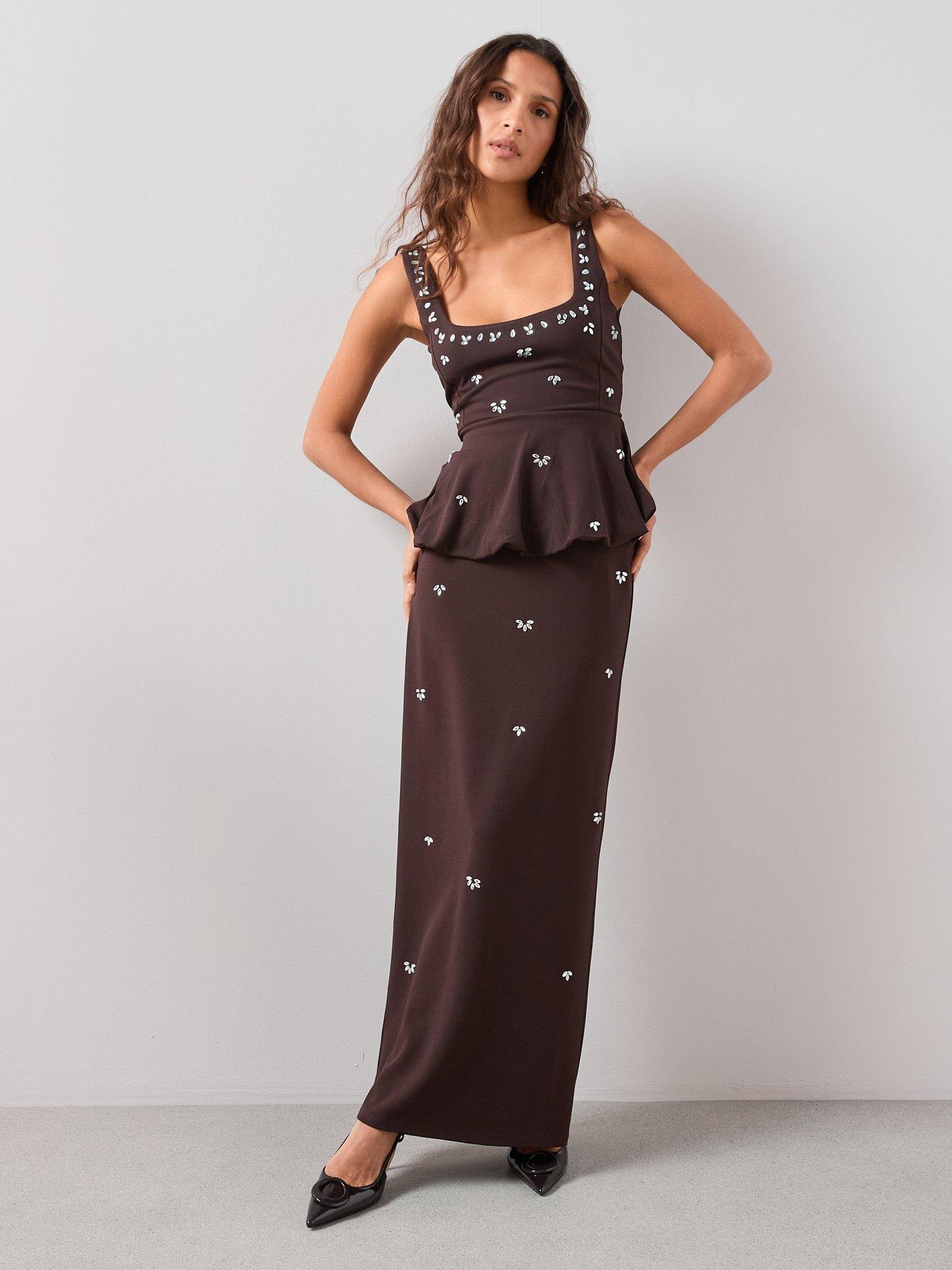  image of the-very-collection-embellished-maxi-skirt-co-ord-brown