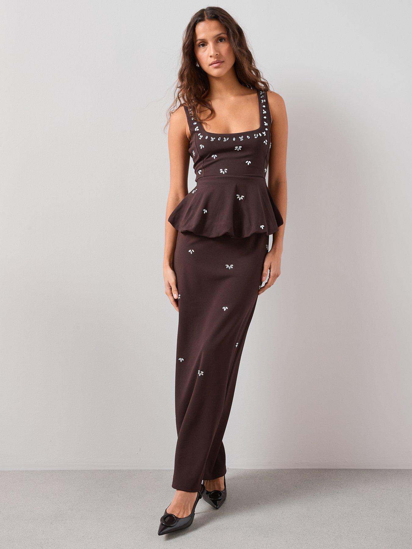 image of the-very-collection-embellished-maxi-skirt-co-ord-brown