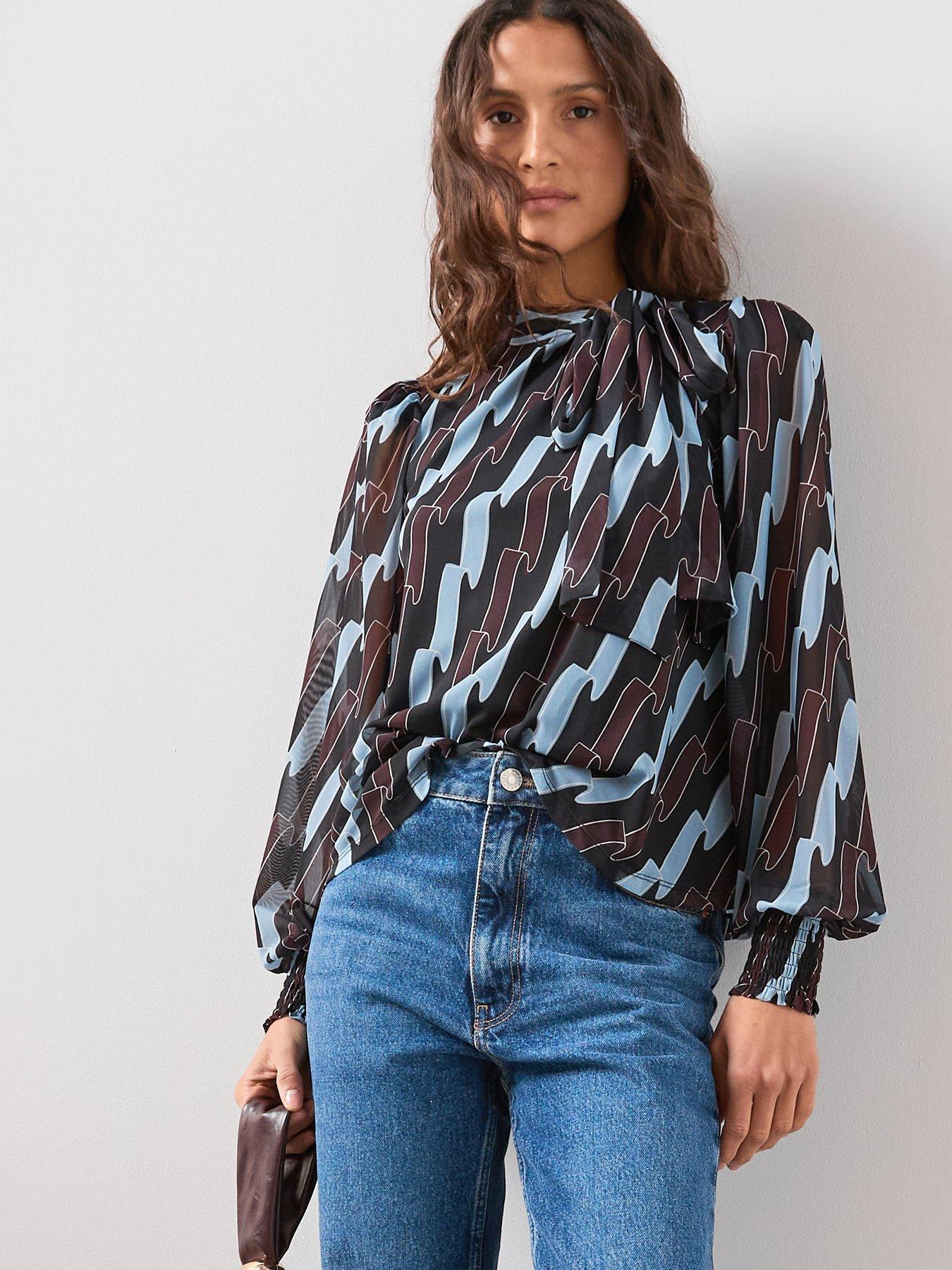 The Very Collection Pussybow Ribbon Print Top - Multi