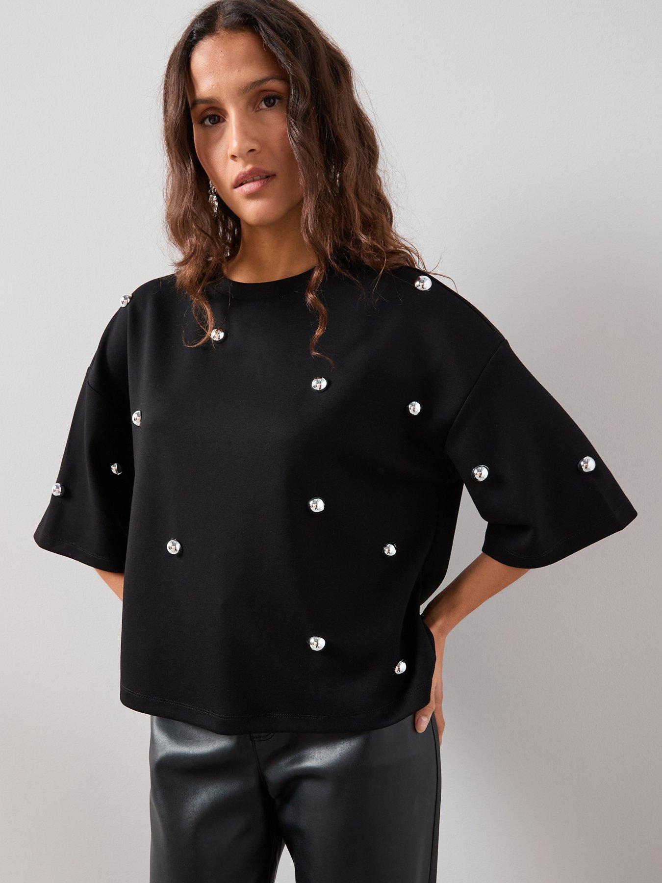 The Very Collection Silver Stud Embellished Oversized Heavyweight T-shirt - Black