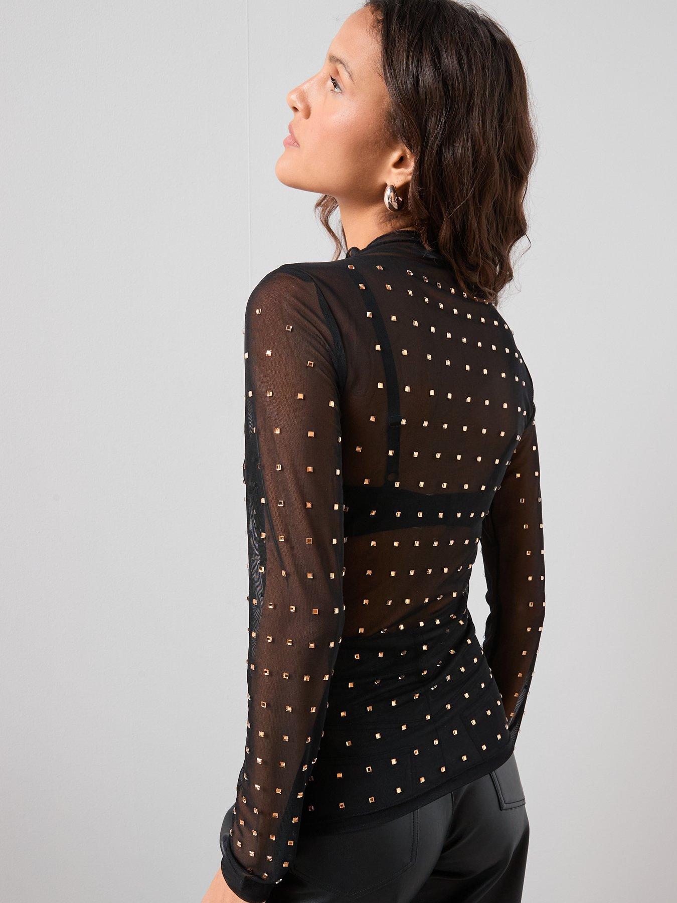 stillFront image of the-very-collection-mesh-embellished-long-sleeve-top-black