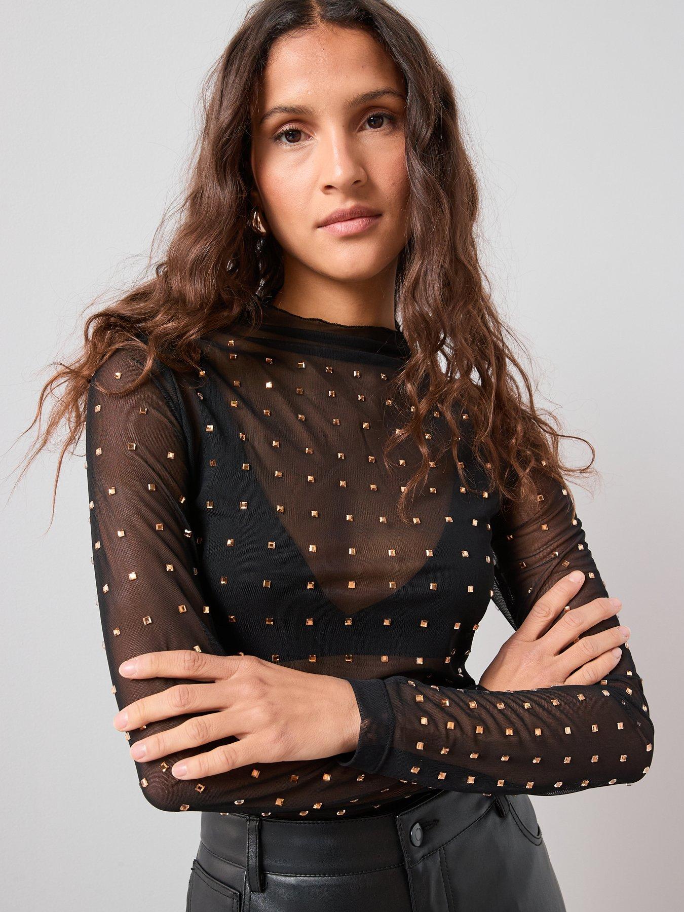  image of the-very-collection-mesh-embellished-long-sleeve-top-black