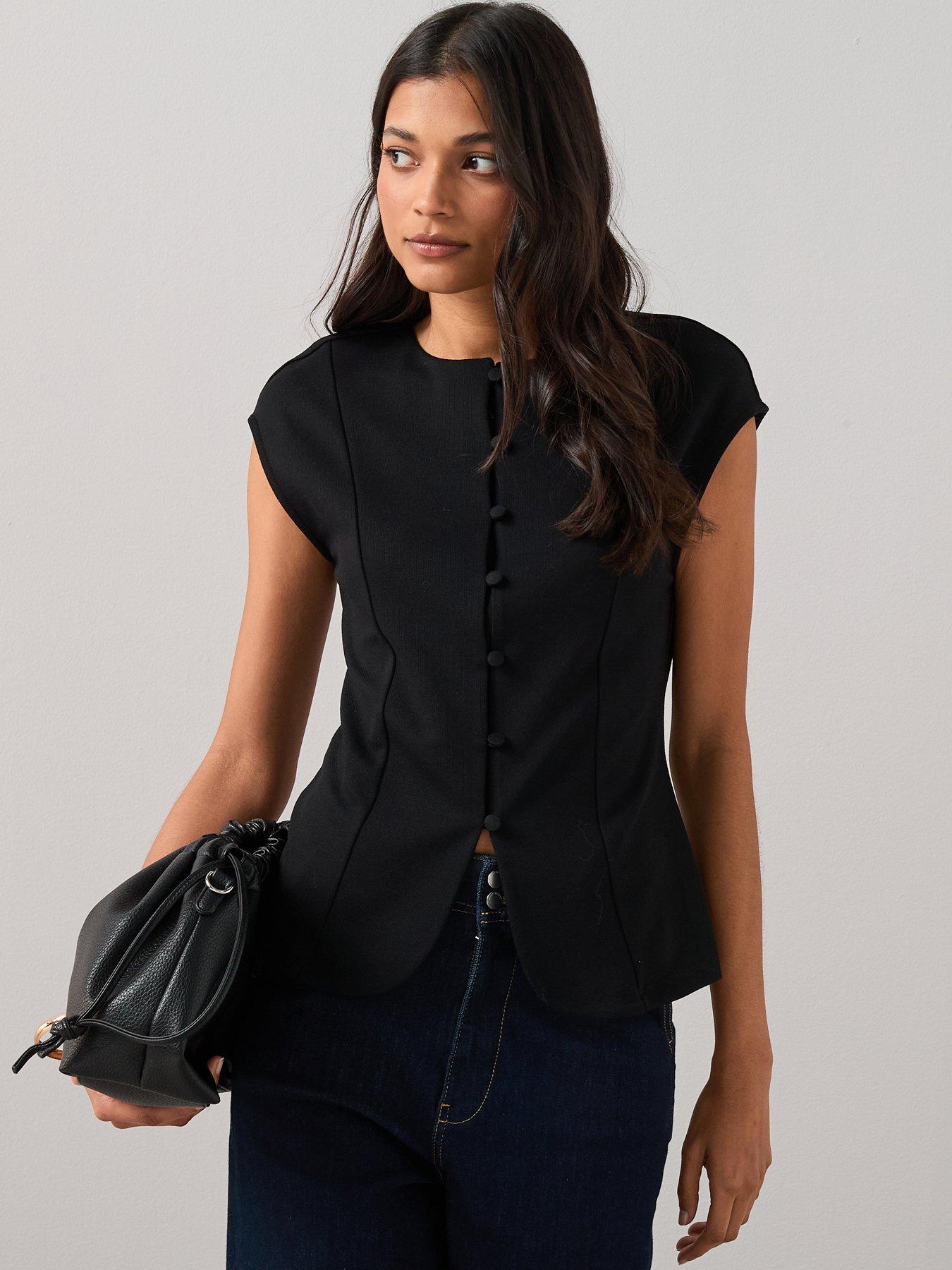  image of the-very-collection-button-through-short-sleeve-top-black