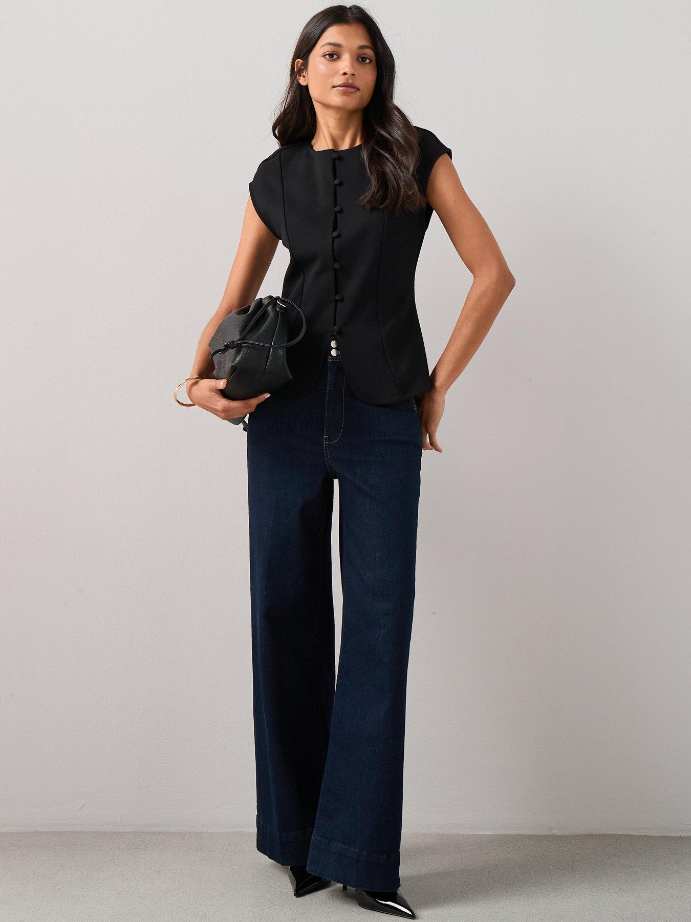  image of the-very-collection-button-through-short-sleeve-top-black