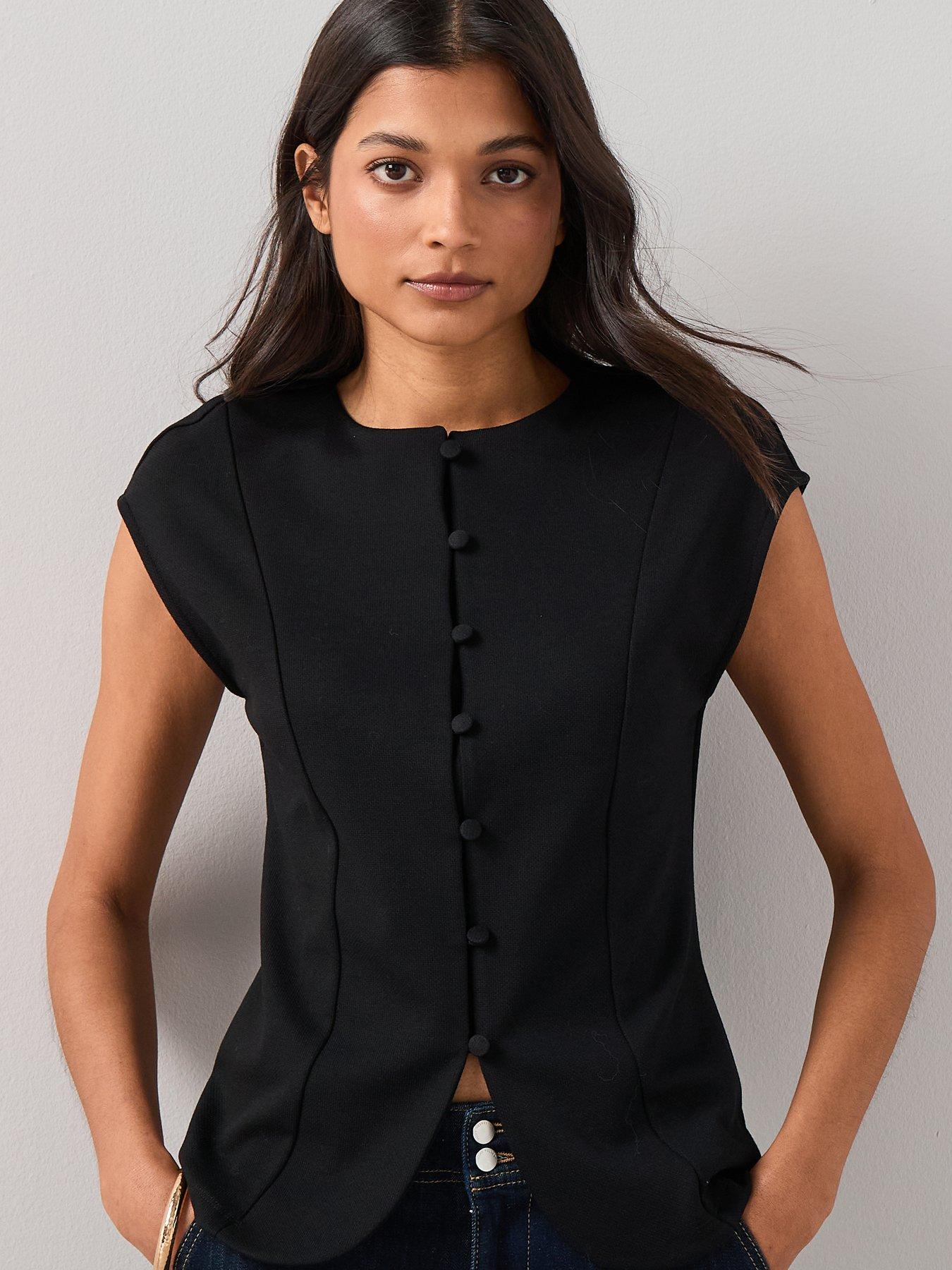  image of the-very-collection-button-through-short-sleeve-top-black