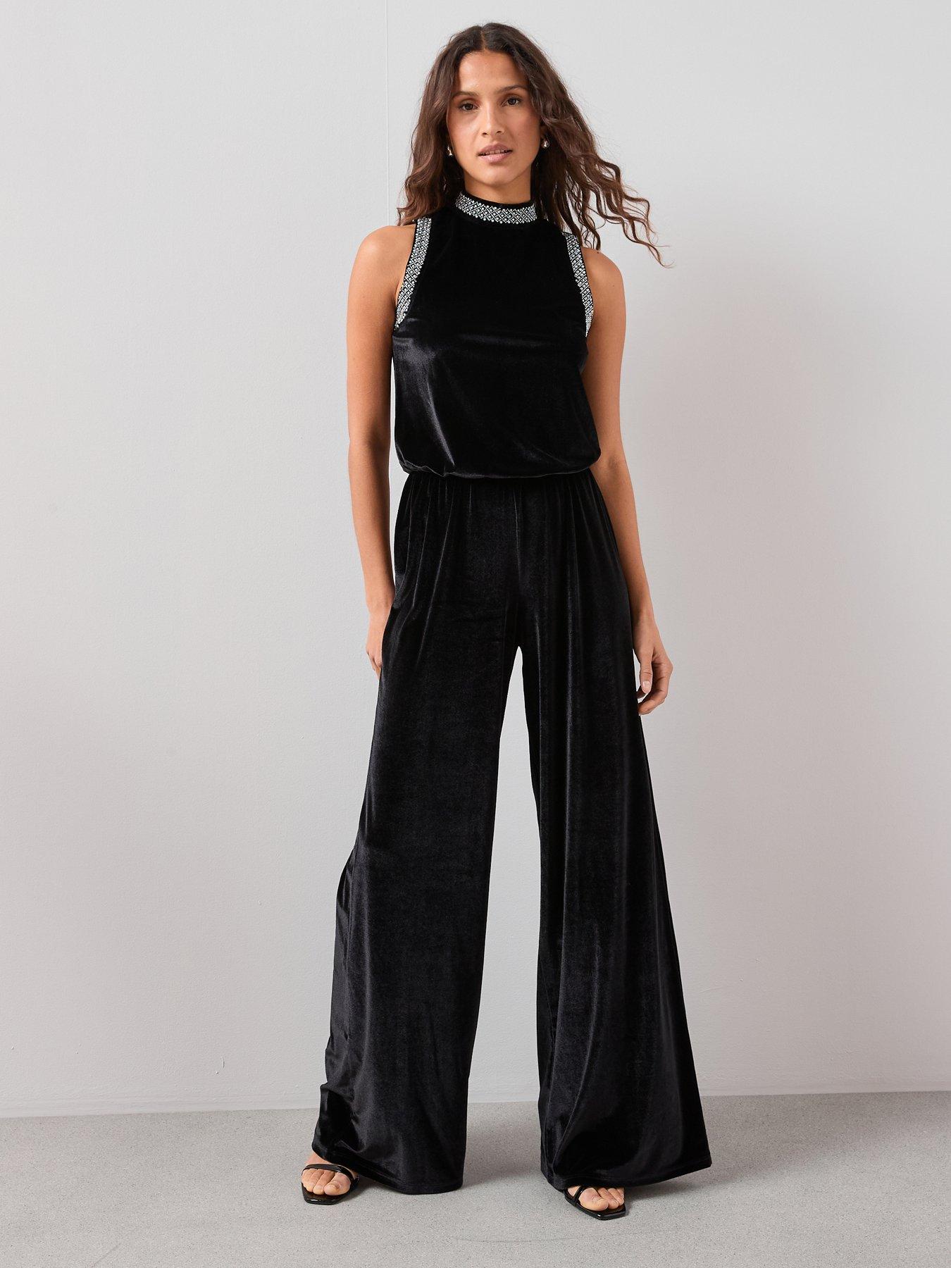 The Very Collection Velvet Pearl Detail Jumpsuit - Black
