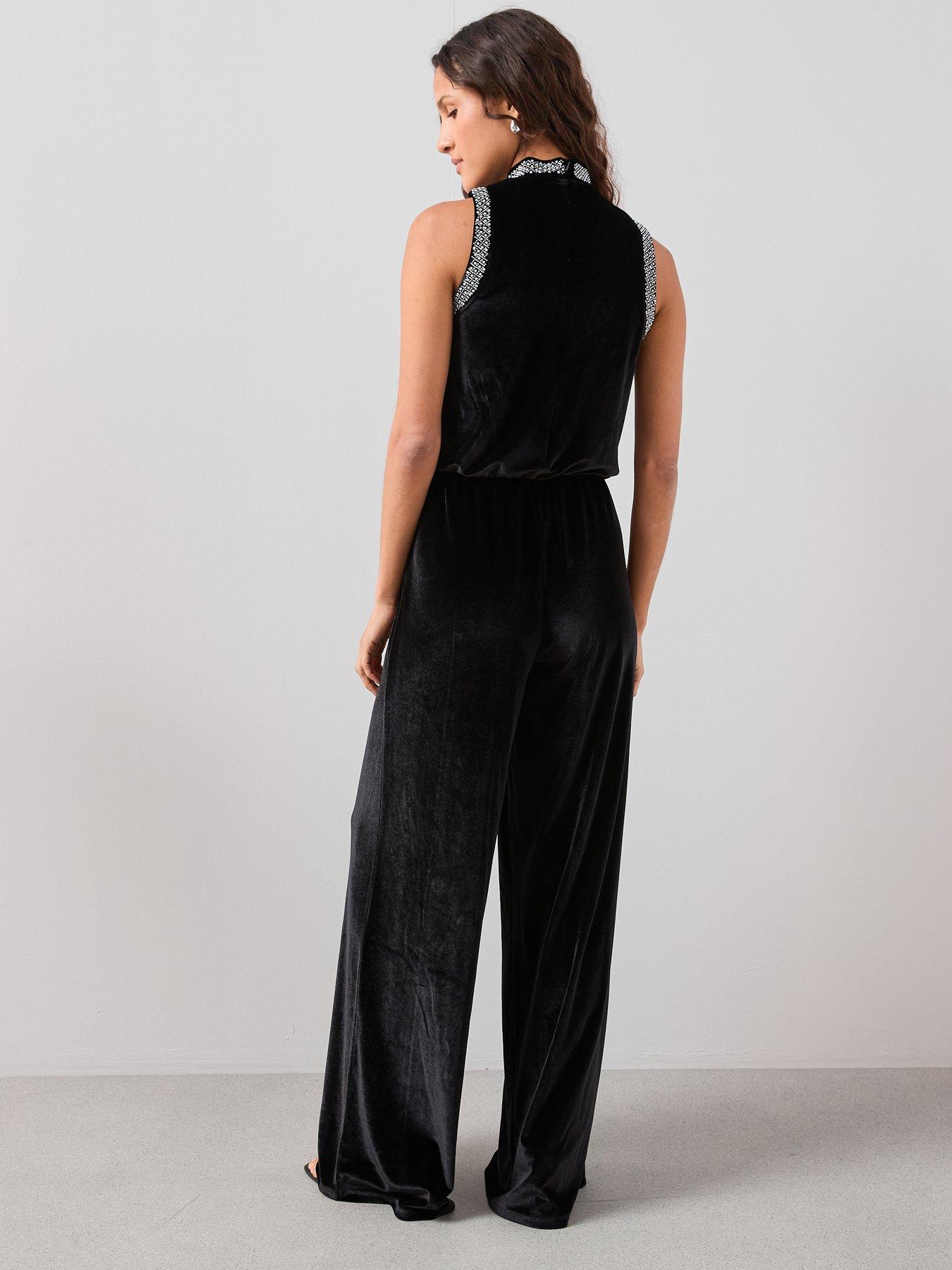 stillFront image of the-very-collection-velvet-pearl-detail-jumpsuit-black