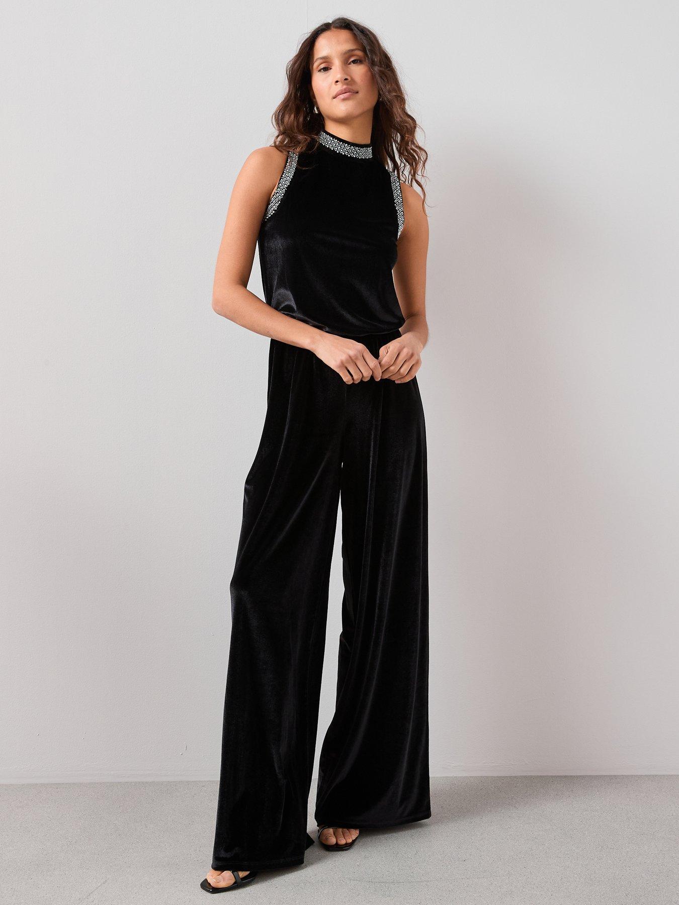  image of the-very-collection-velvet-pearl-detail-jumpsuit-black