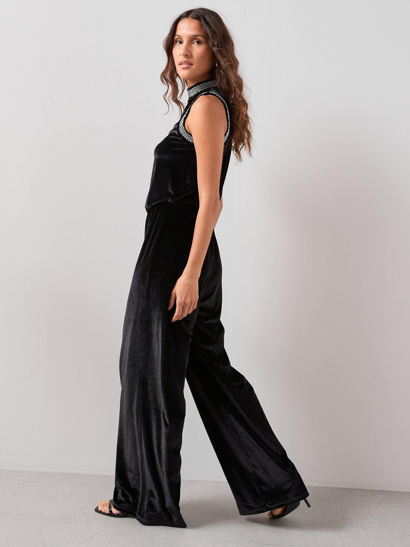  image of the-very-collection-velvet-pearl-detail-jumpsuit-black