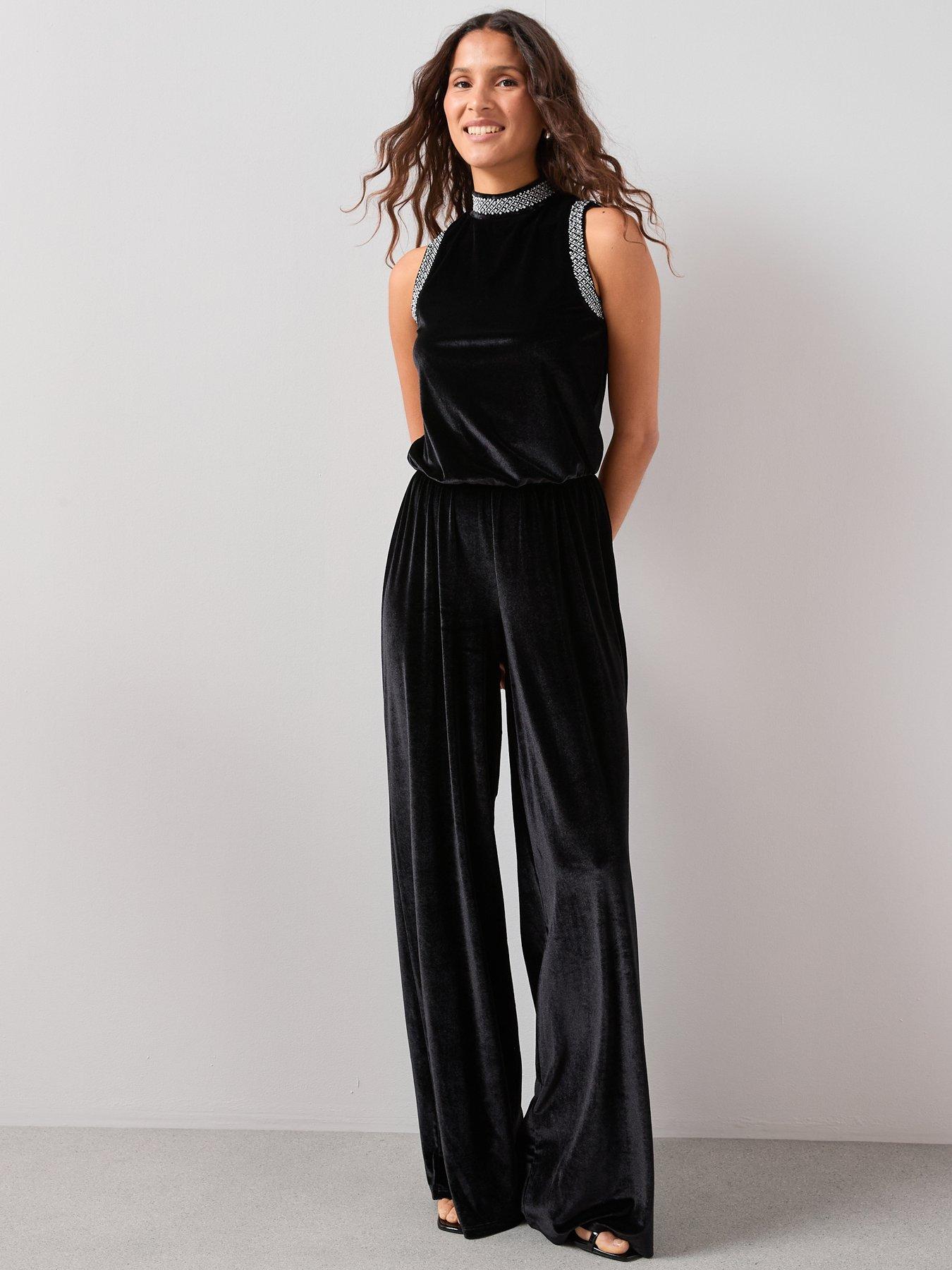  image of the-very-collection-velvet-pearl-detail-jumpsuit-black