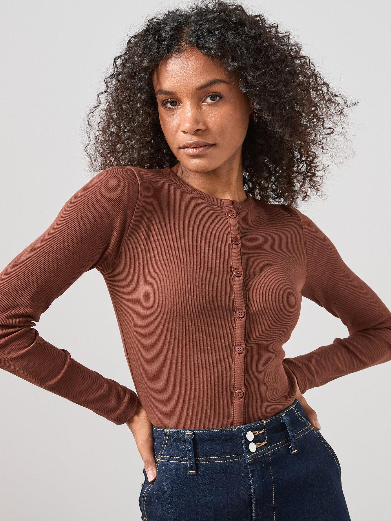  image of the-very-collection-button-up-rib-long-sleeve-top-brown