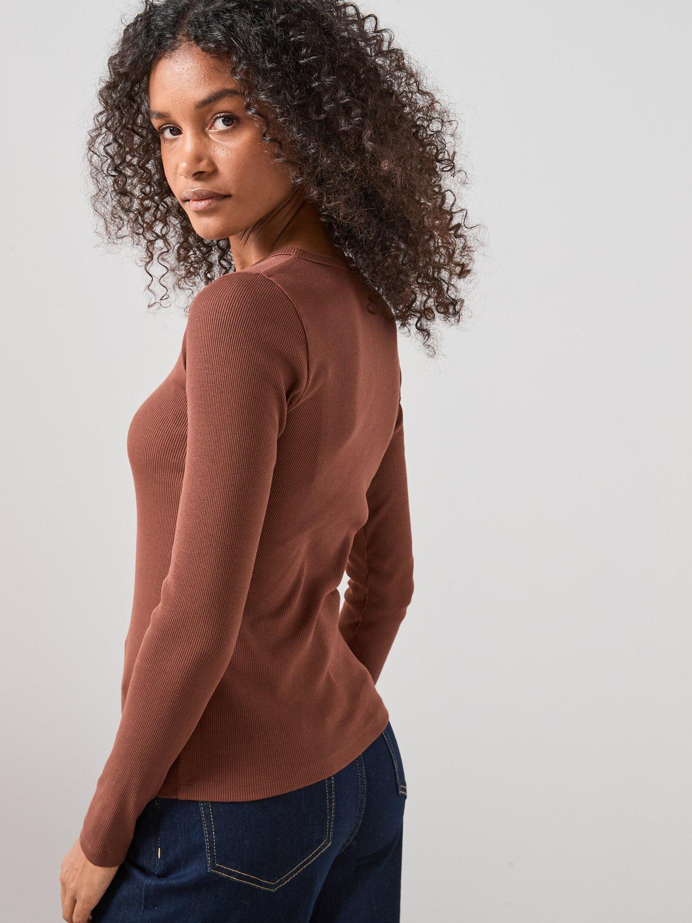  image of the-very-collection-button-up-rib-long-sleeve-top-brown
