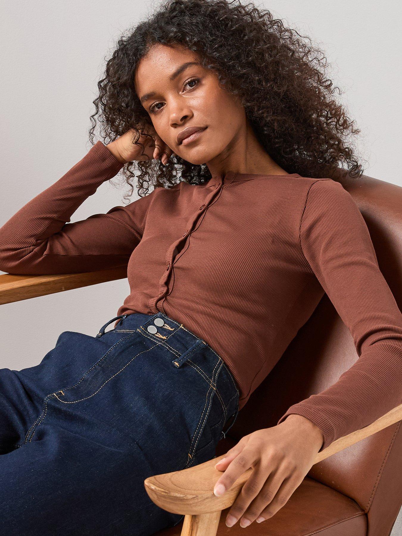  image of the-very-collection-button-up-rib-long-sleeve-top-brown
