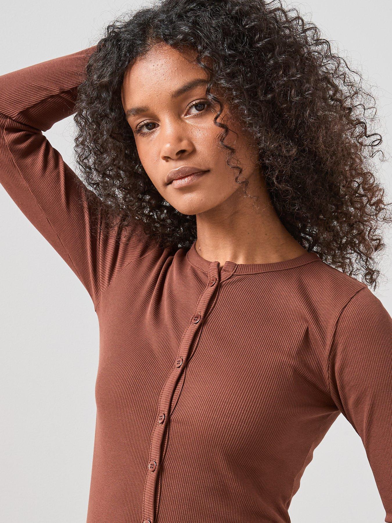  image of the-very-collection-button-up-rib-long-sleeve-top-brown