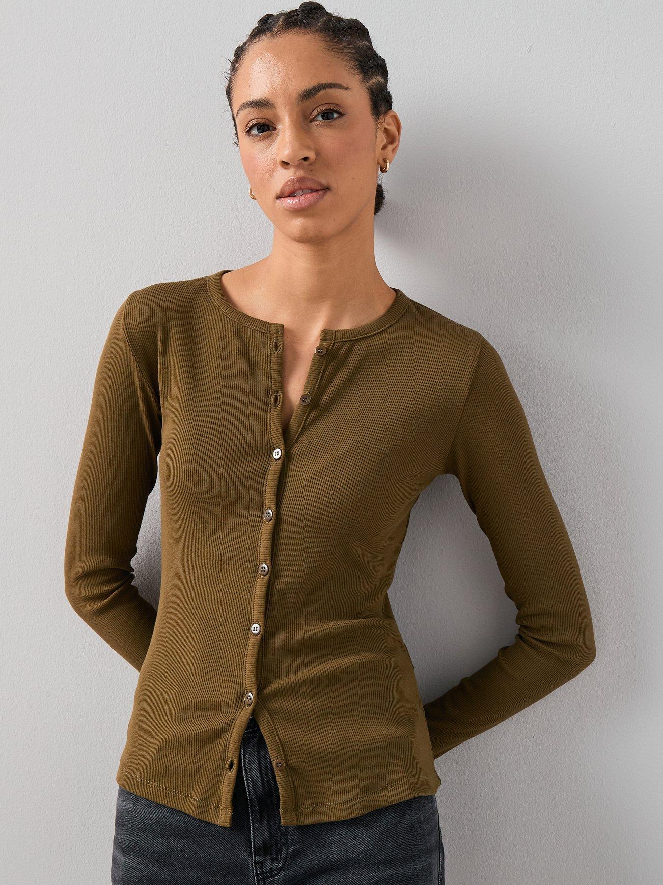 The Very Collection Button Up Rib Long Sleeve Top - Green