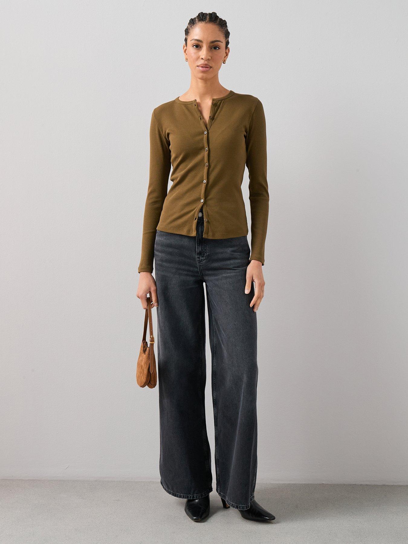  image of the-very-collection-button-up-rib-long-sleeve-top-green