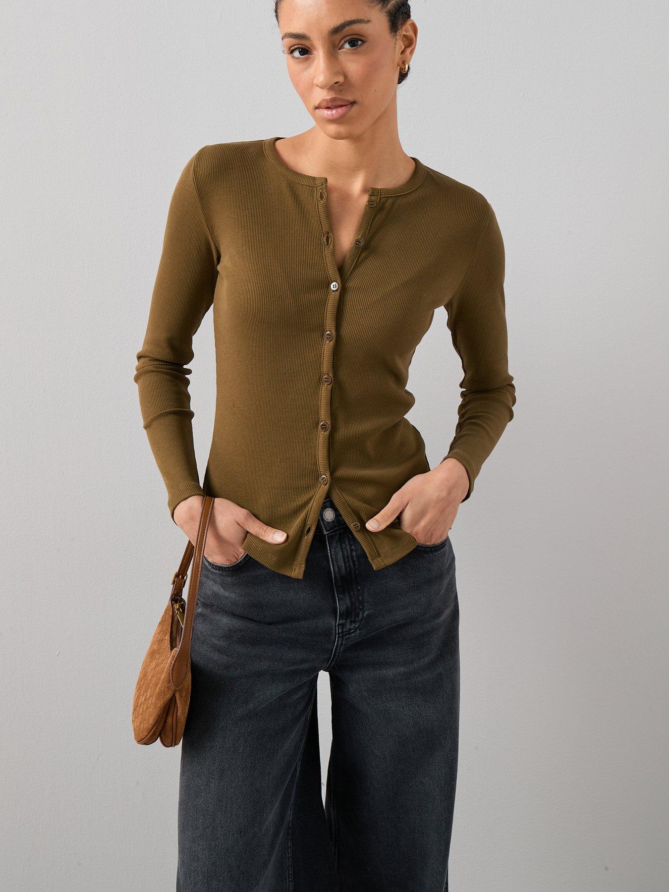  image of the-very-collection-button-up-rib-long-sleeve-top-green