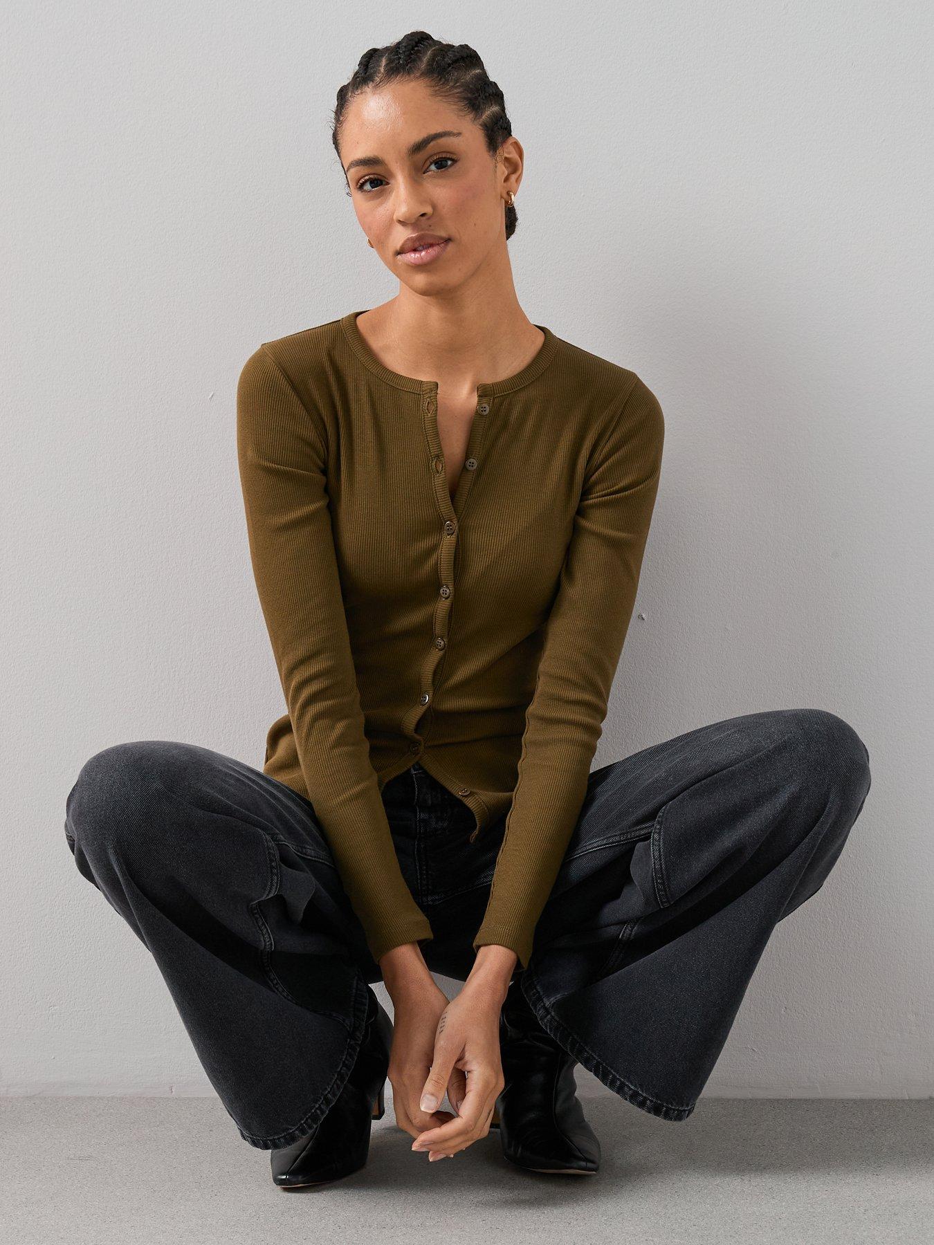  image of the-very-collection-button-up-rib-long-sleeve-top-green