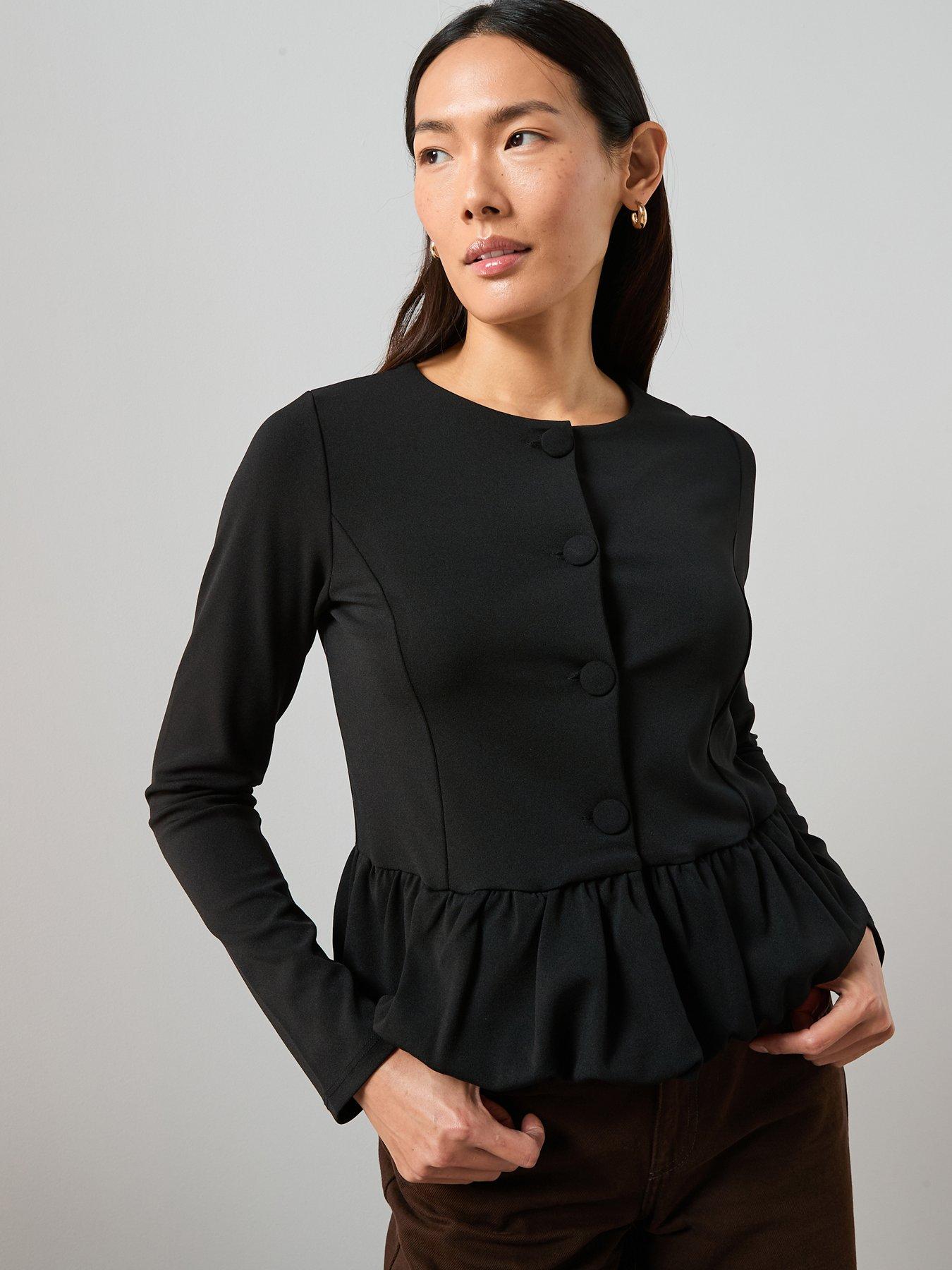Image 1 of 7 of The Very Collection Peplum Button Up Top - Black