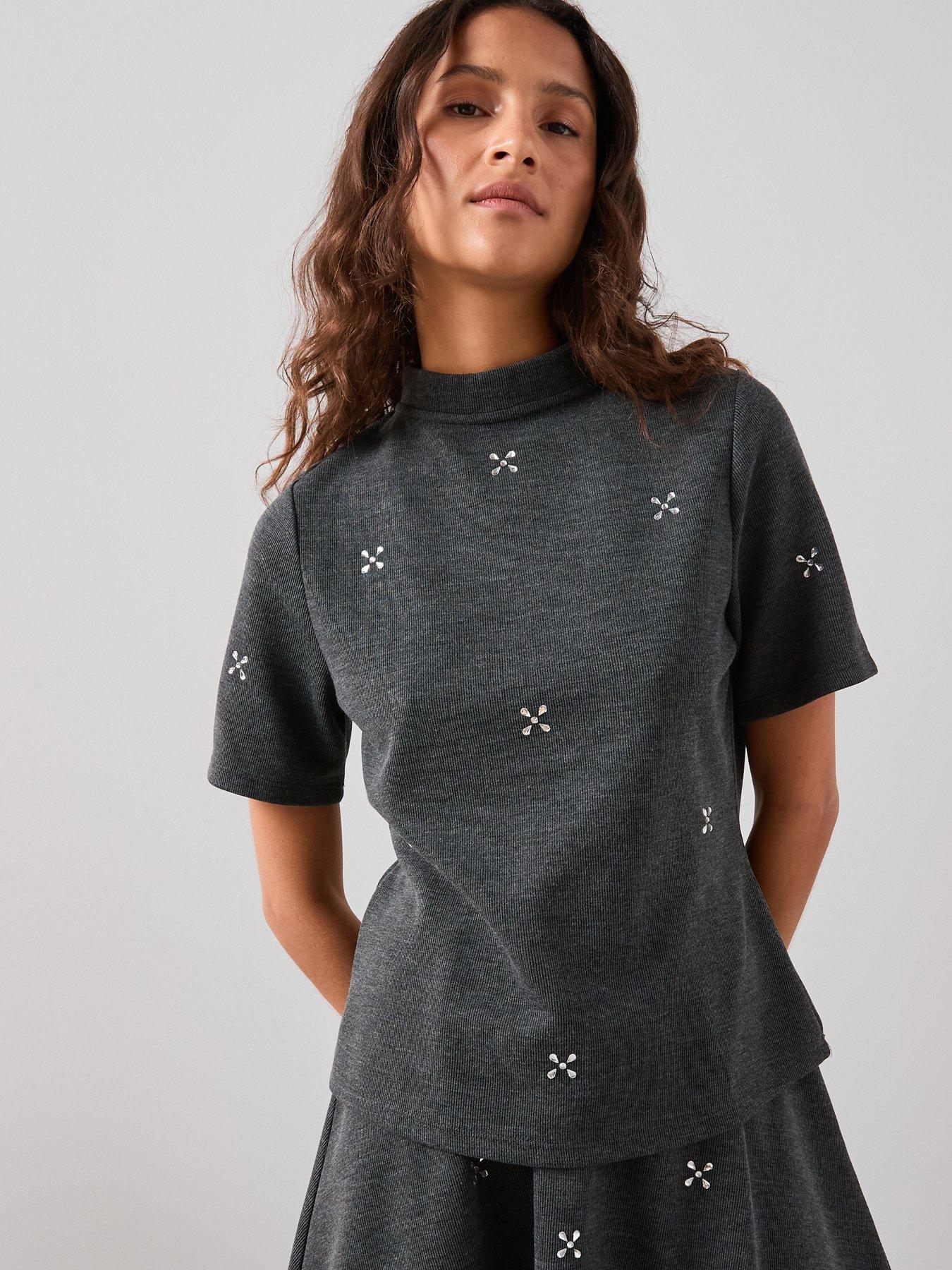 Image 1 of 7 of The Very Collection High Neck Embellished Top Co-Ord - Grey