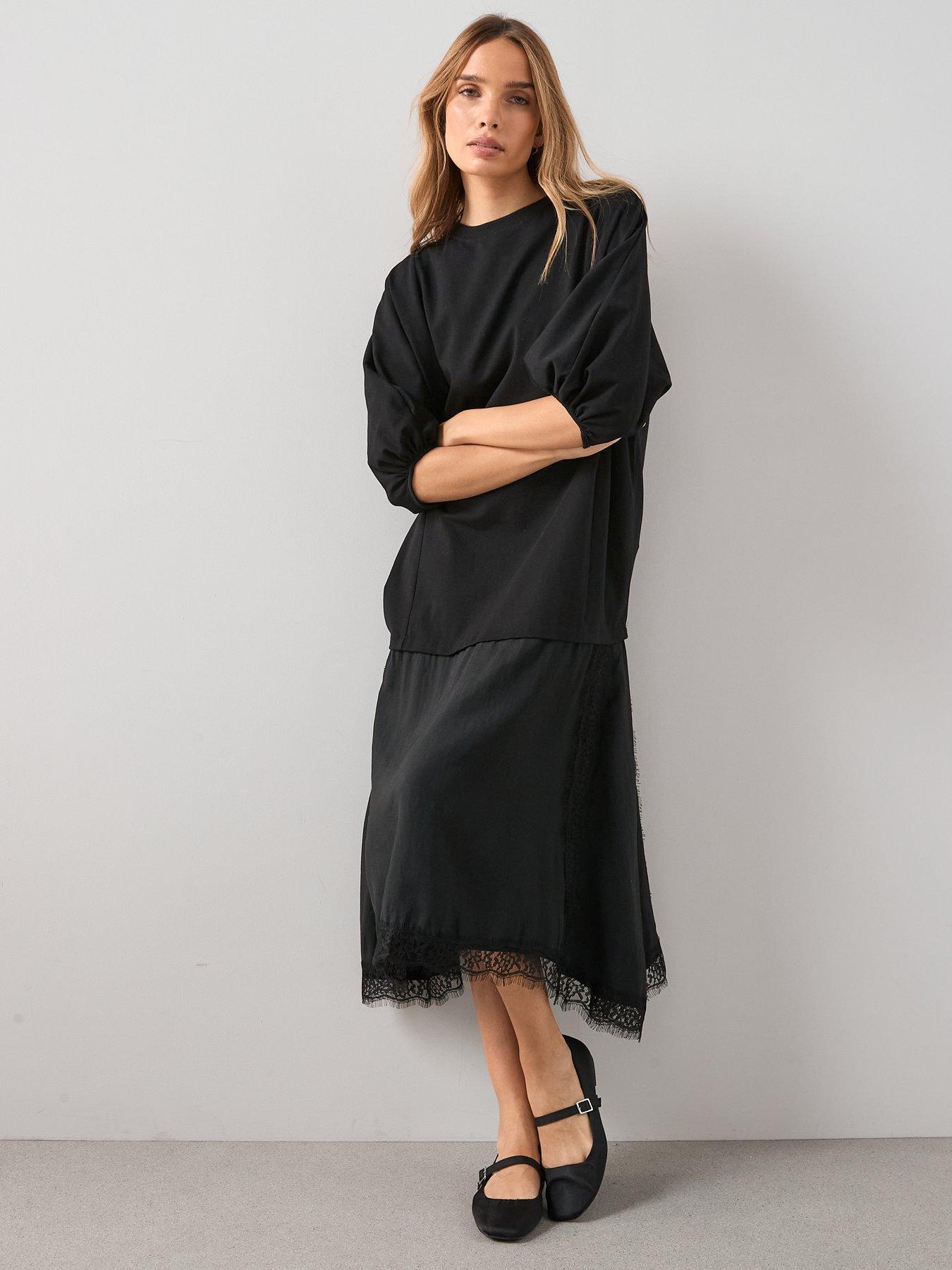 The Very Collection Woven Mix Lace Trim Asymetric Dress - Black