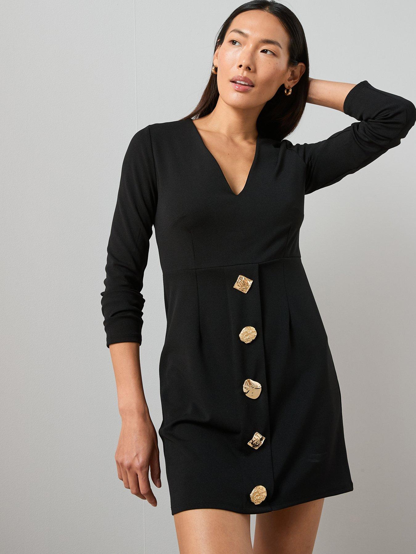 the-very-collection-v-neck-button-detail-mini-dress-black
